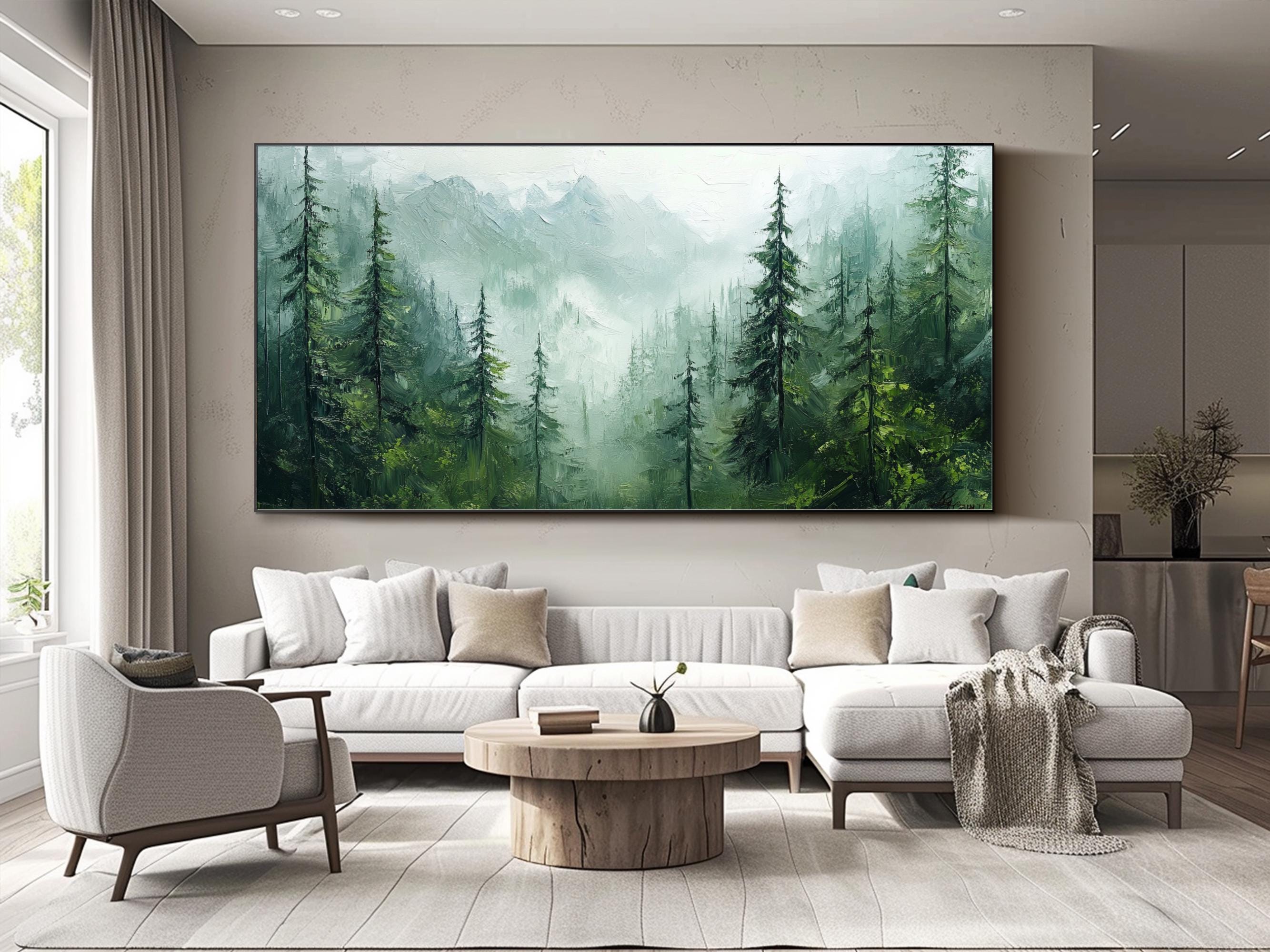 Whispering Pines - Misty Forest Oil Painting, Large Green Landscape Canvas Wall Art
