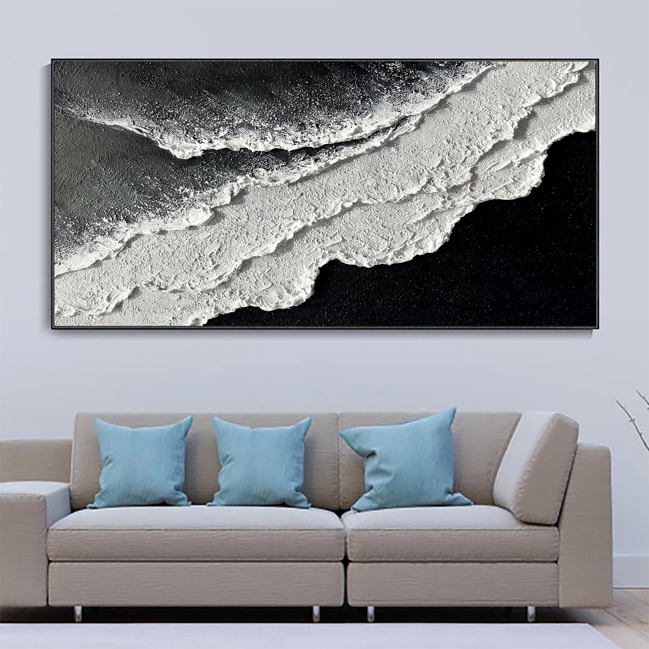 Monochrome Tide — Black and White Textured Seascape Oil Painting, Modern Abstract Wall Art