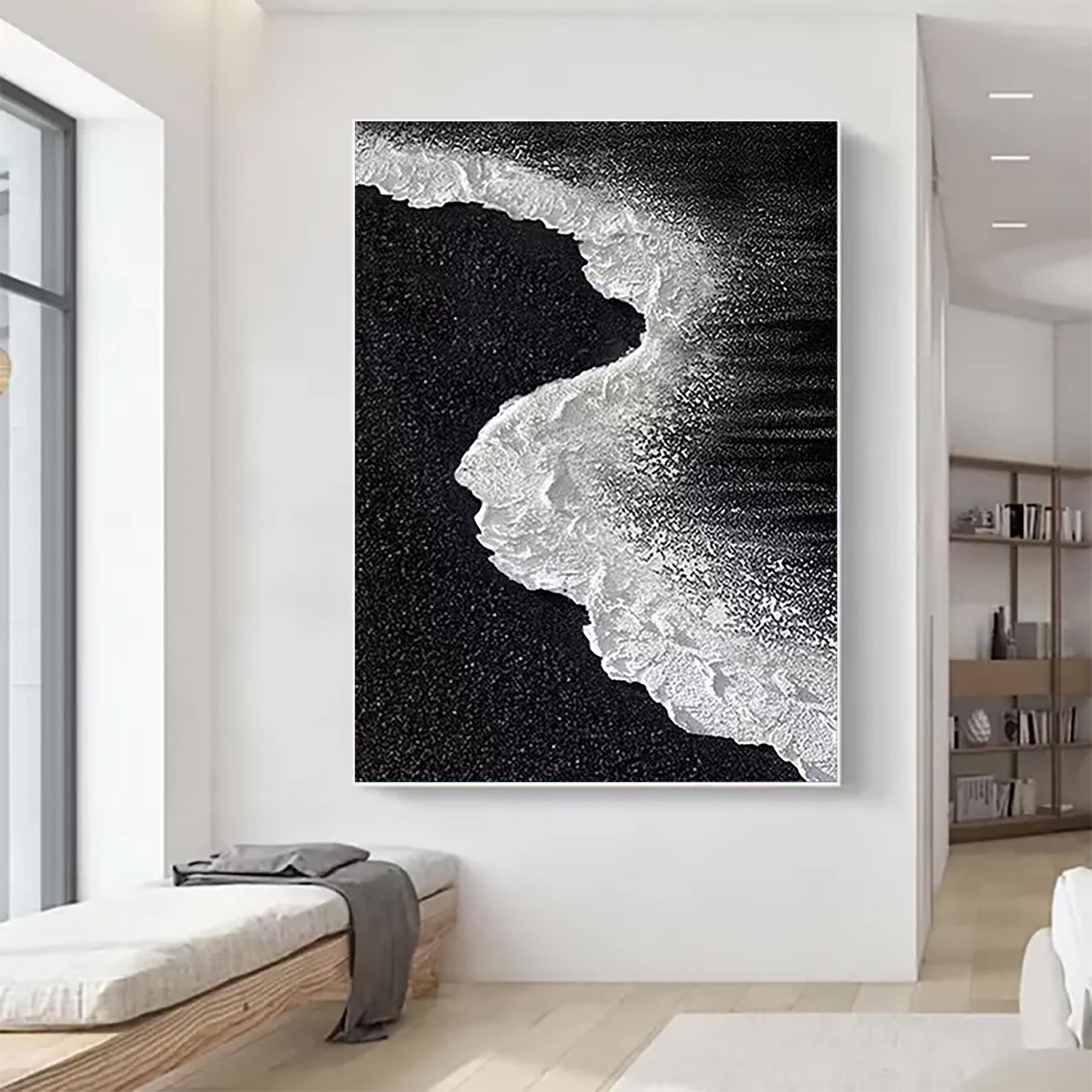 Vertical Tide — Black and White Textured Seascape Oil Painting, Abstract Coastal Wall Art