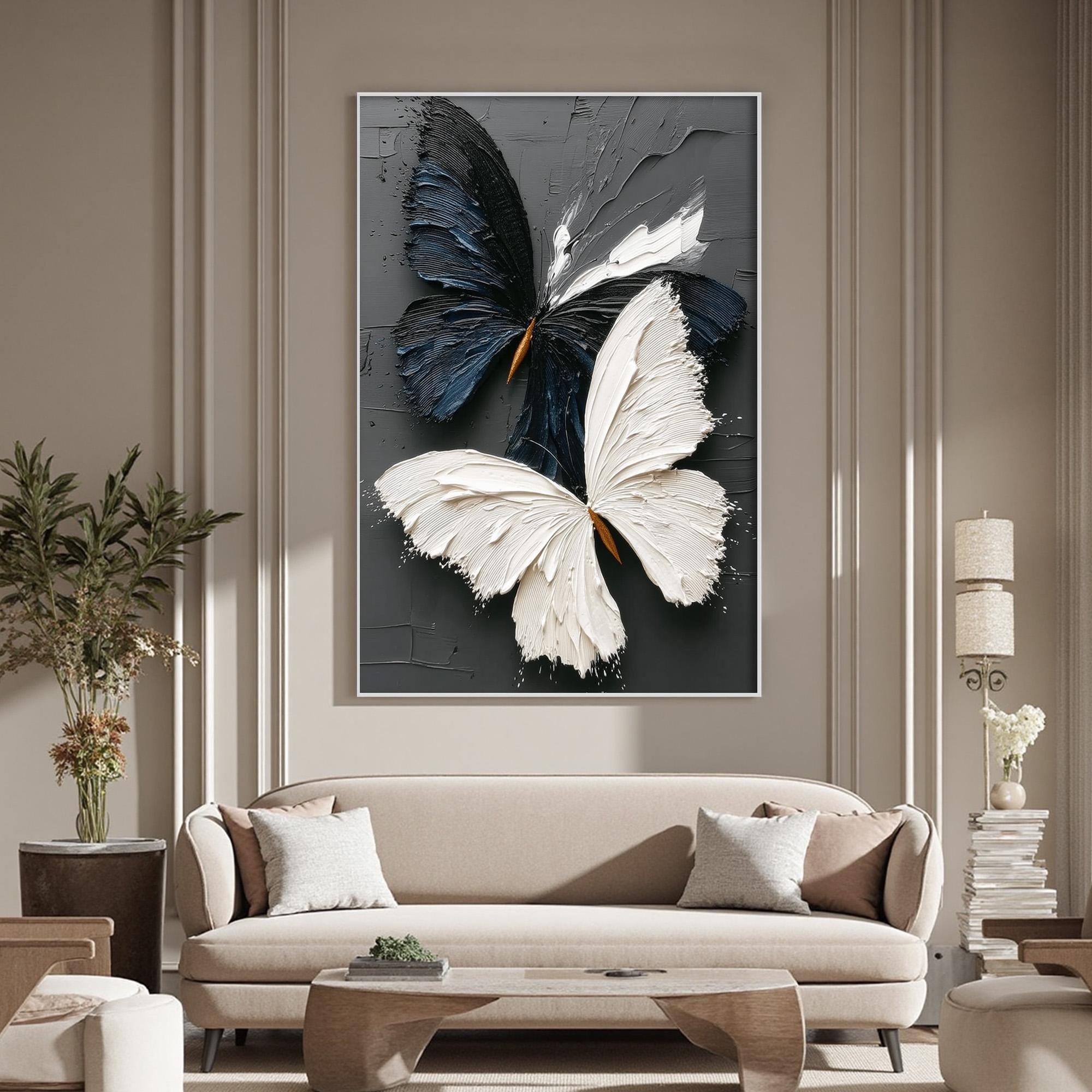 Dual Wings — Black and White Textured Butterfly Abstract Oil Painting, Modern Wall Art