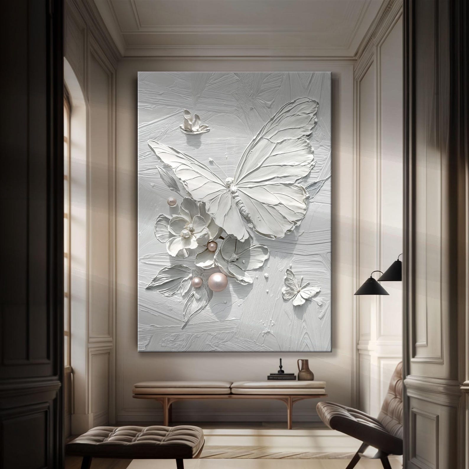 Pearl Wings — White Textured Butterfly and Floral 3D Oil Painting, Modern Luxury Wall Art