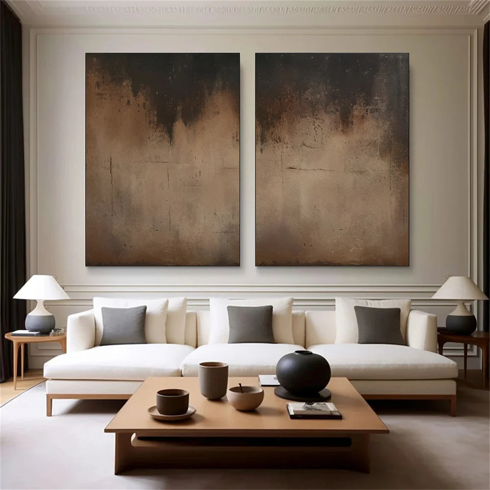 Wabi-Sabi Balance — Minimalist Abstract Textured Oil Painting Set of 2, Neutral Modern Diptych Wall Art