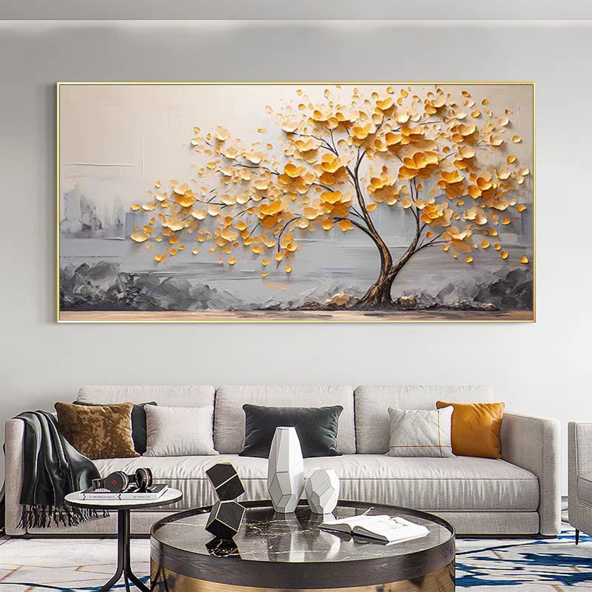 Golden Whisper – Textured Ginkgo Tree Oil Painting