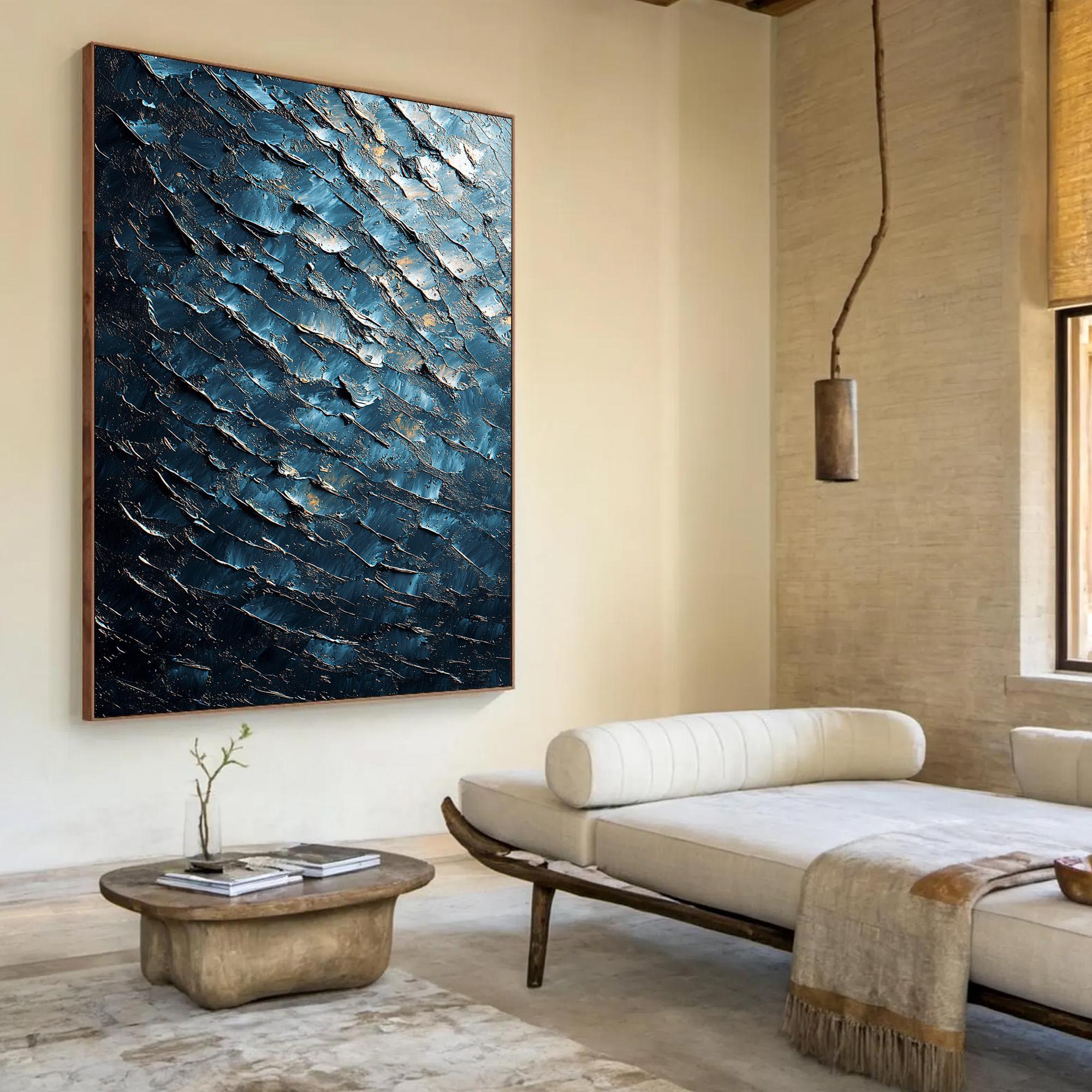 Midnight Tide – Textured Blue and Gold Abstract Oil Painting