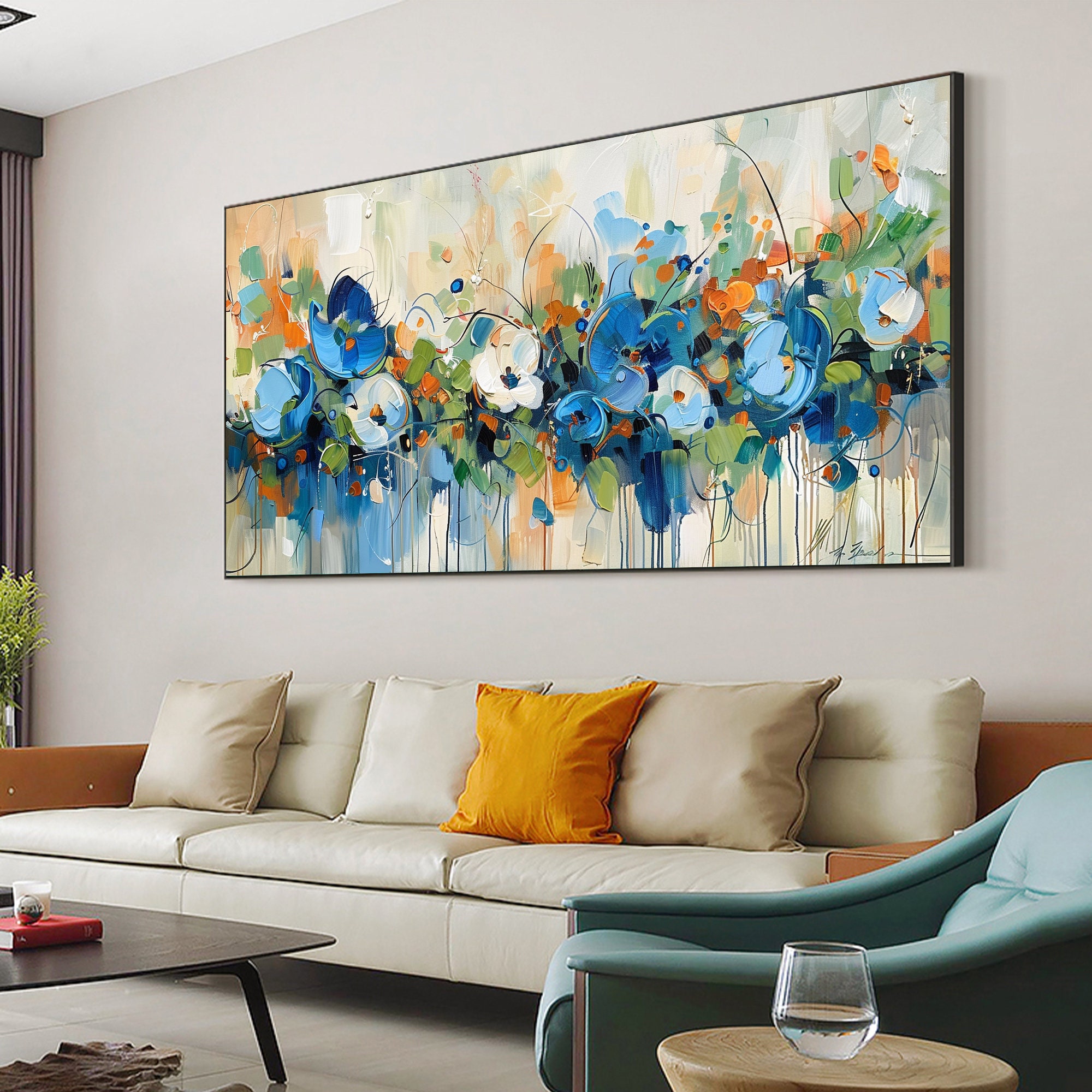 Blooming Riot - Colorful Abstract Floral Painting Blue Green Orange Wall Art on Canvas