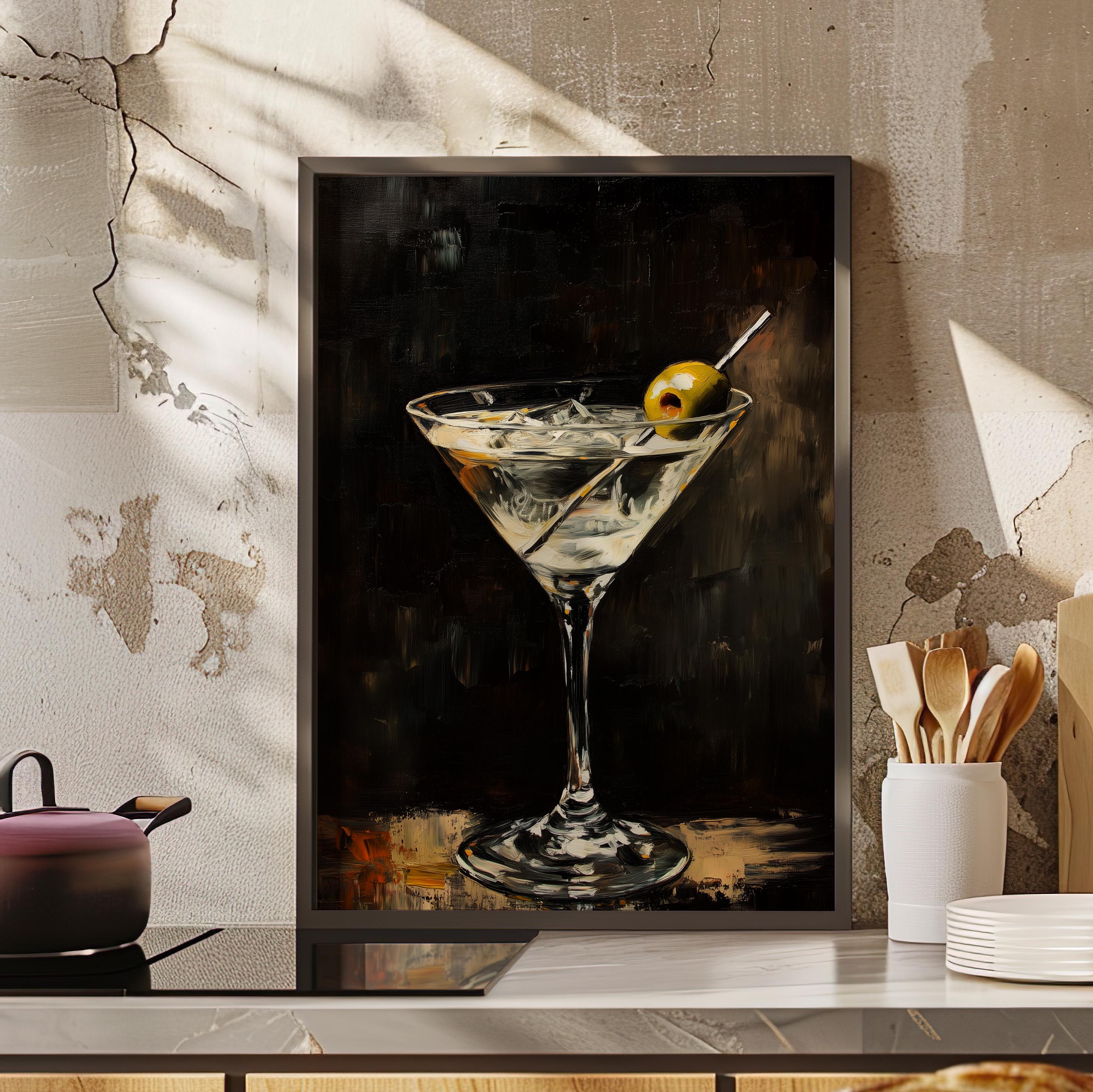 Olive Twist - Martini Glass Oil Painting Modern Bar Wall Art with Olive Detail