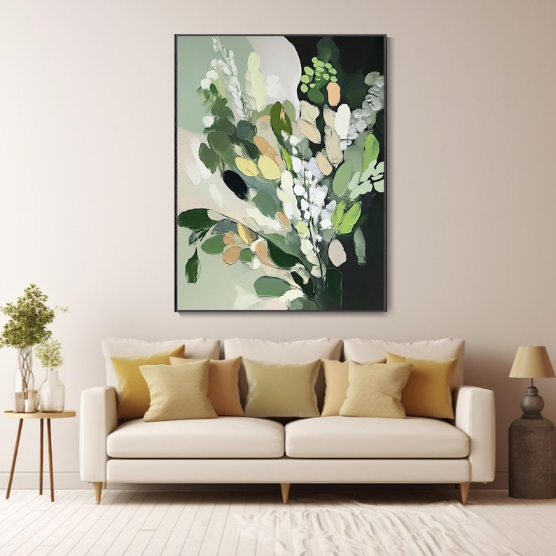 Verdant Whisper - Modern Textured Abstract Botanical Canvas Art Green Floral Painting