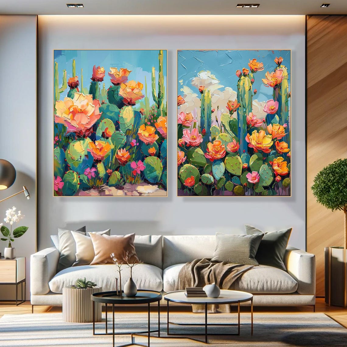 Desert Bloom – Cactus Flower Abstract Canvas Colorful Botanical Wall Art Set of 2