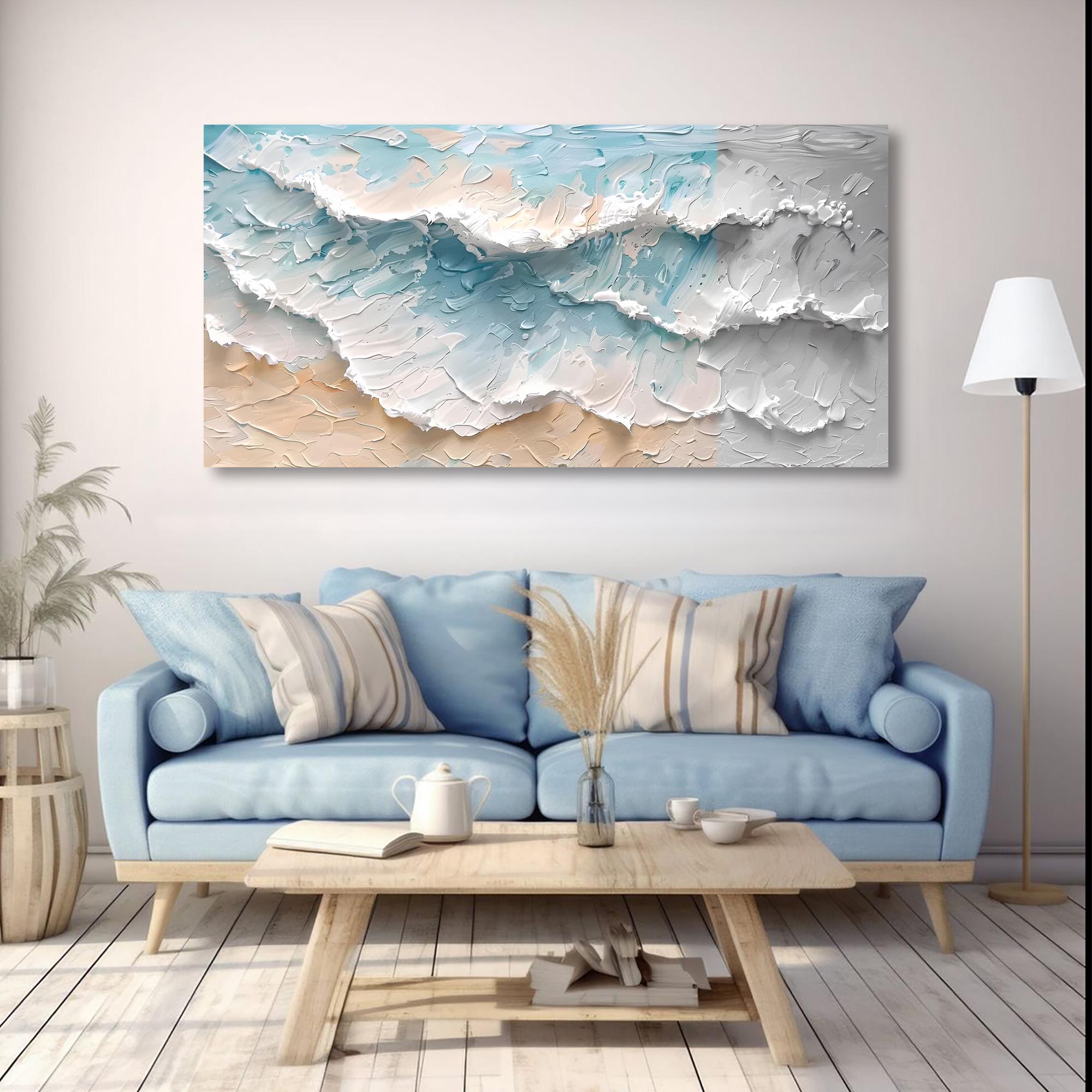 Frozen Tide – Coastal Wave Texture Abstract Beach Wall Art Horizontal Canvas Painting
