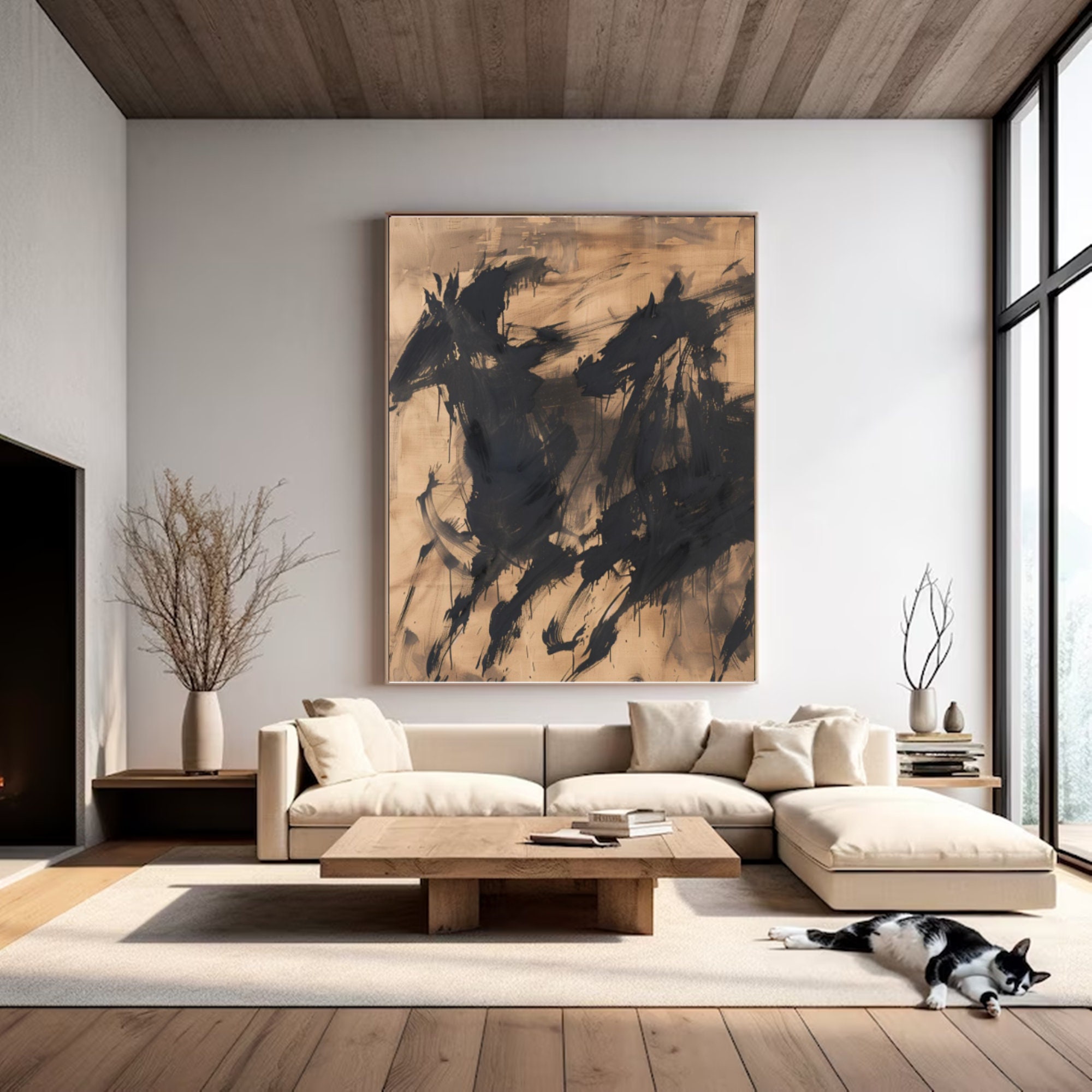 Echoes of Power – Abstract Galloping Horses on Neutral Canvas