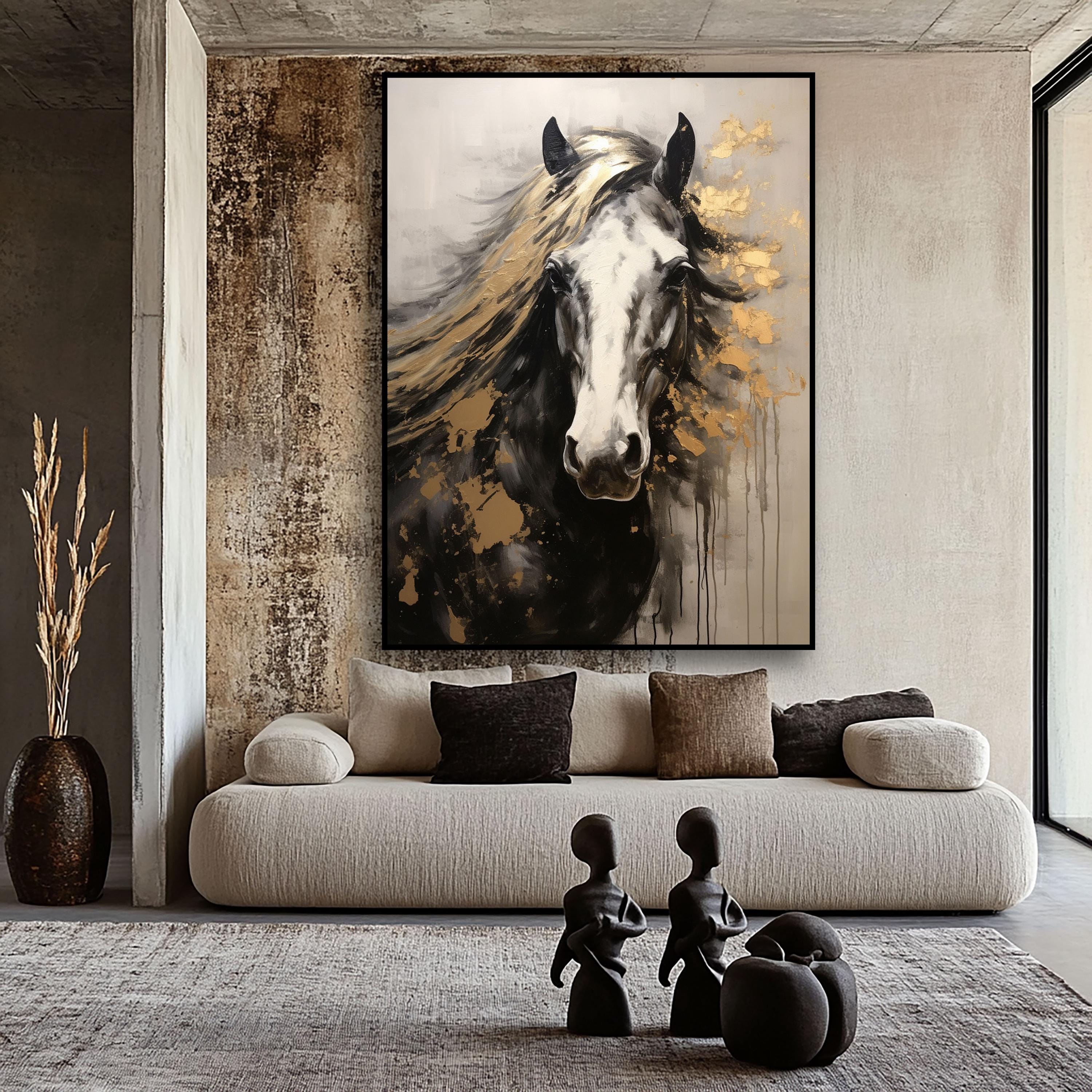 Golden Mane – Abstract Black Horse with Gold Accents