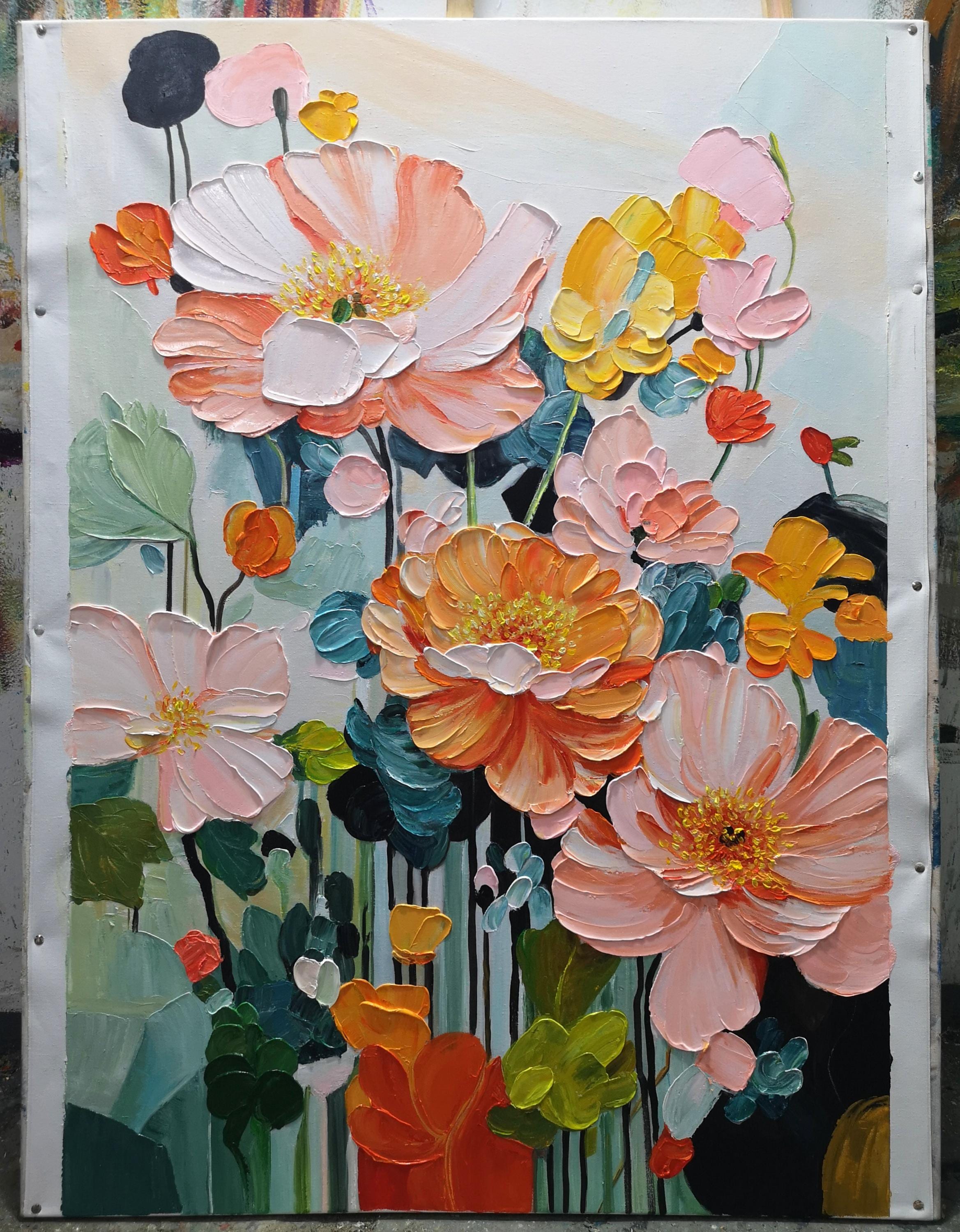 Blossom Symphony – Vibrant Floral Textured Wall Art