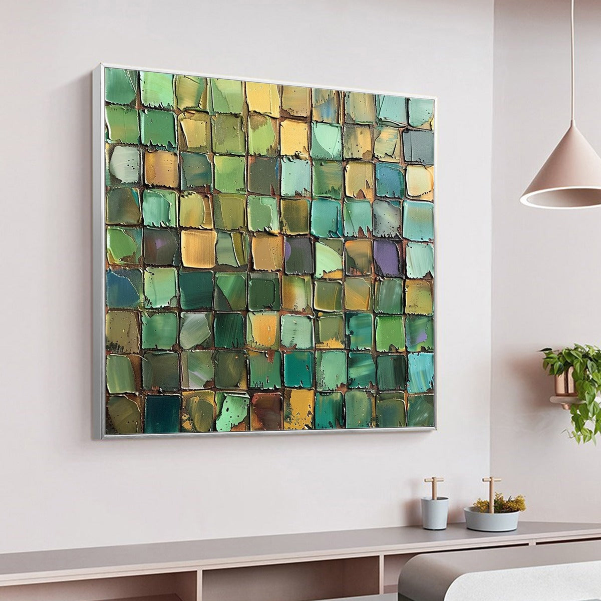 Green Mosaic – Abstract Textured Square Canvas Art