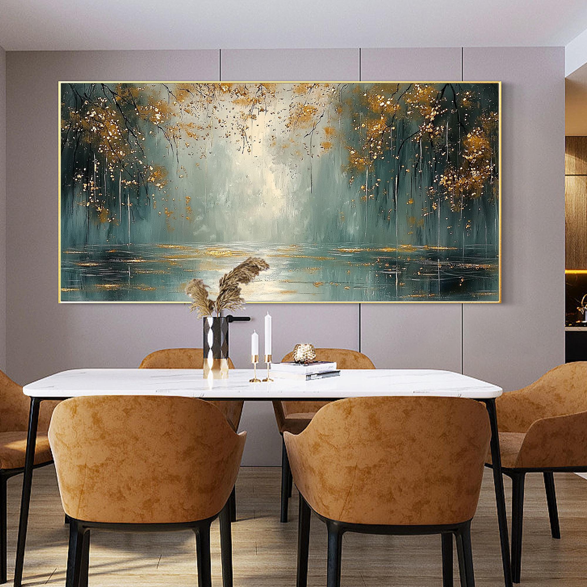 Golden Reflections – 3D Textured Forest and Lake Wall Art in Teal and Gold for Living Room Décor