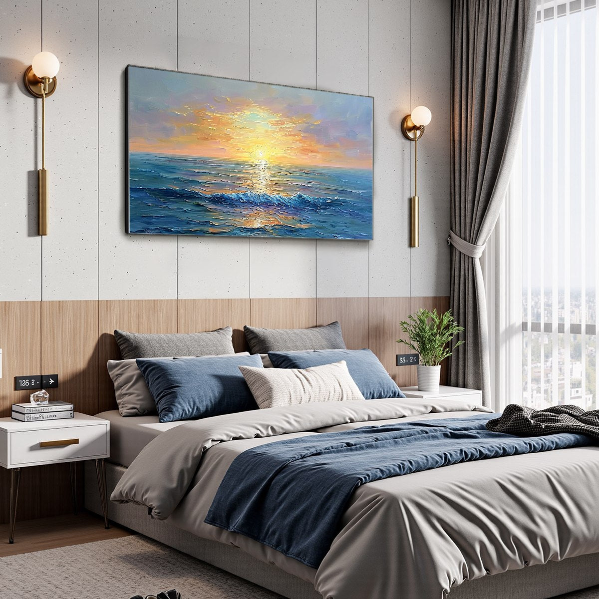 Golden Horizon – Textured Ocean Sunrise Wall Art