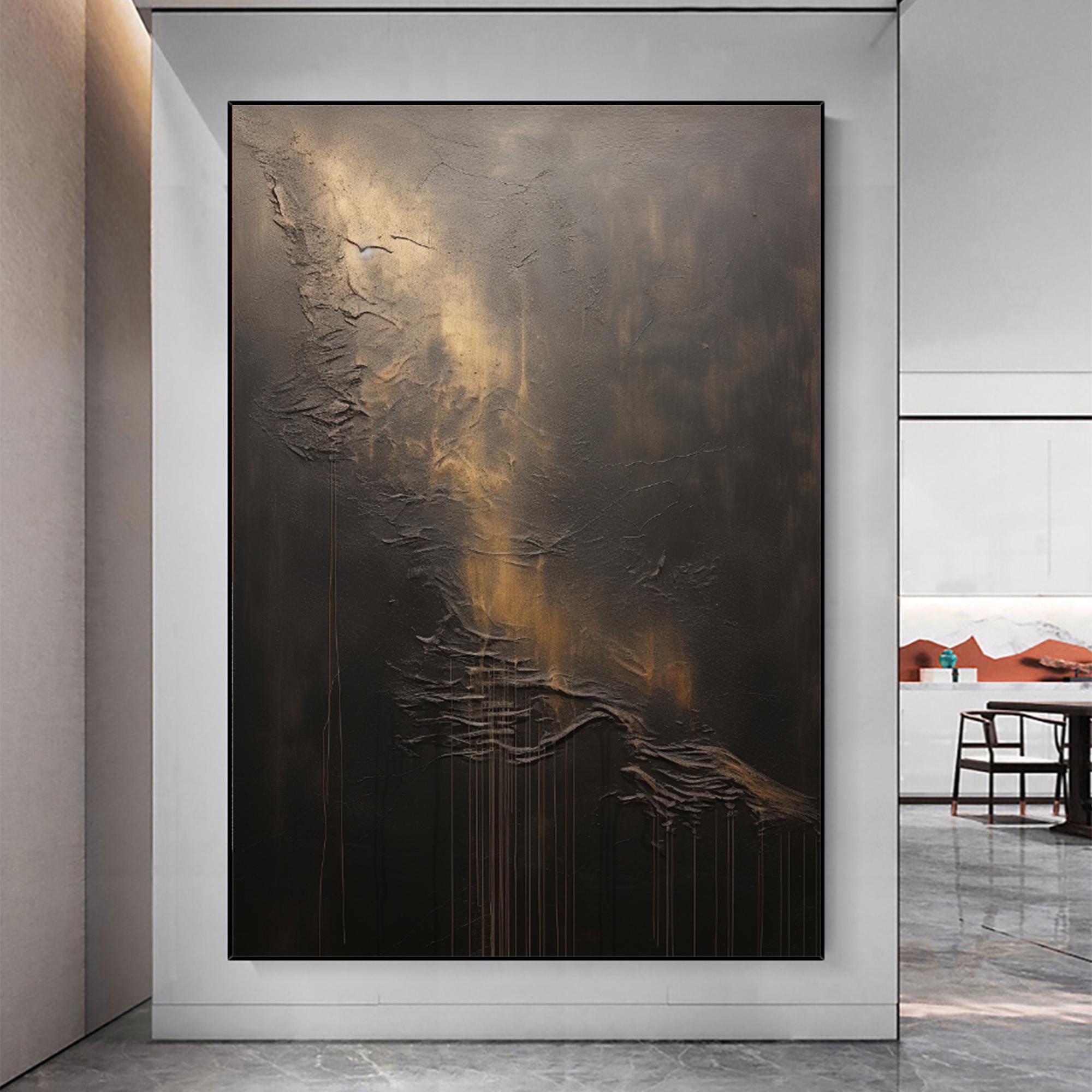 Echo of Shadows – Black and Gold Textured Abstract Canvas