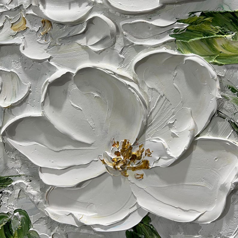 Textured White Floral Oil Painting - 3D Flower Wall Art for Dining Room