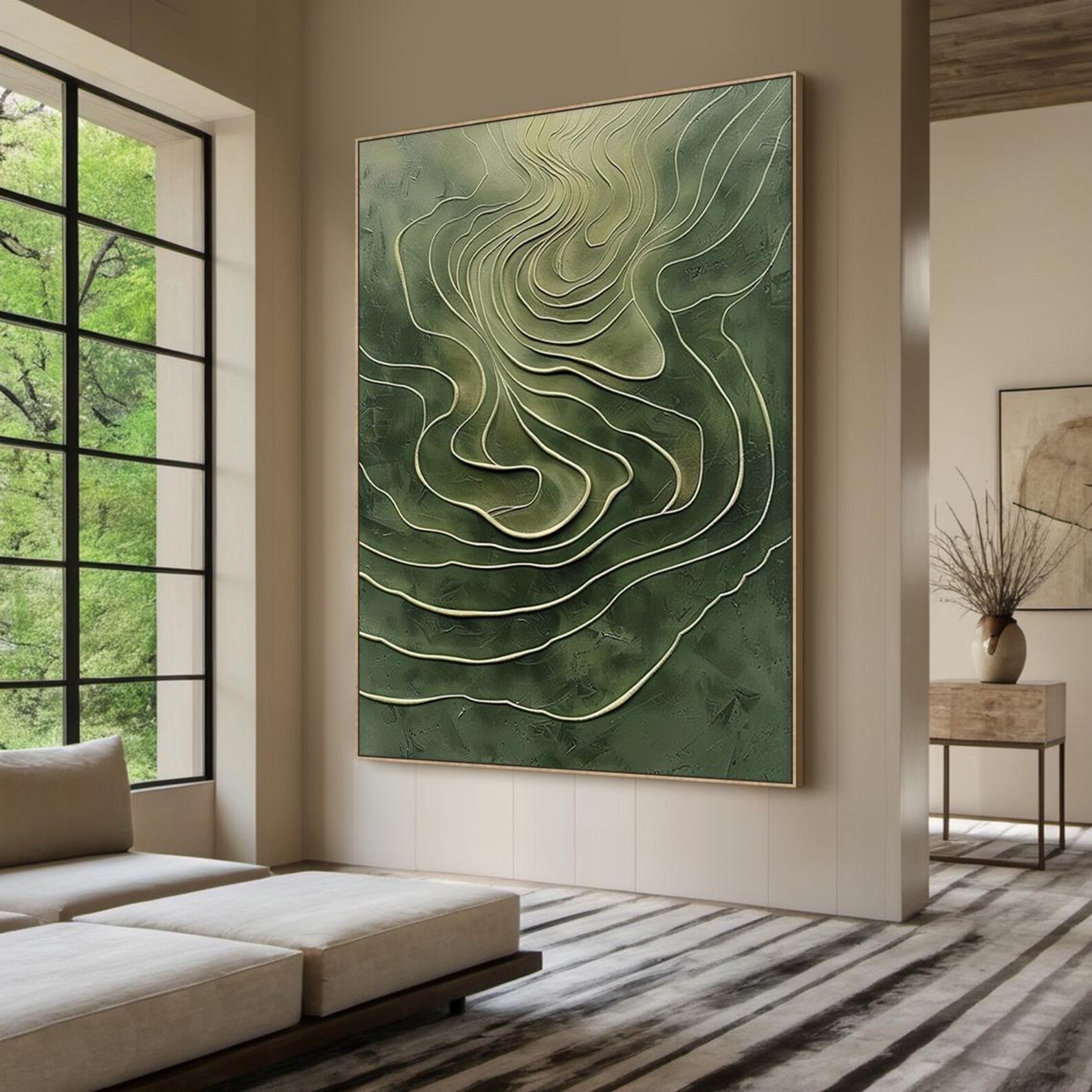 Terrace Flow - Large Green Textured Abstract Wall Art | Modern 3D Canvas for Living Room Decor