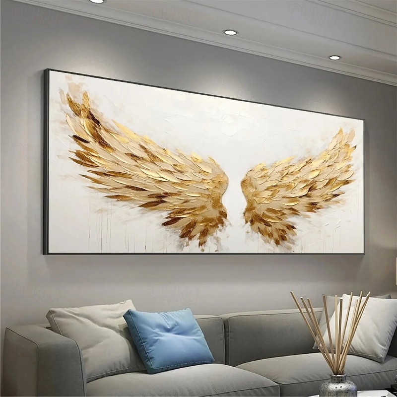 Golden Wings Large Textured Angel Wing Abstract Canvas Wall Art