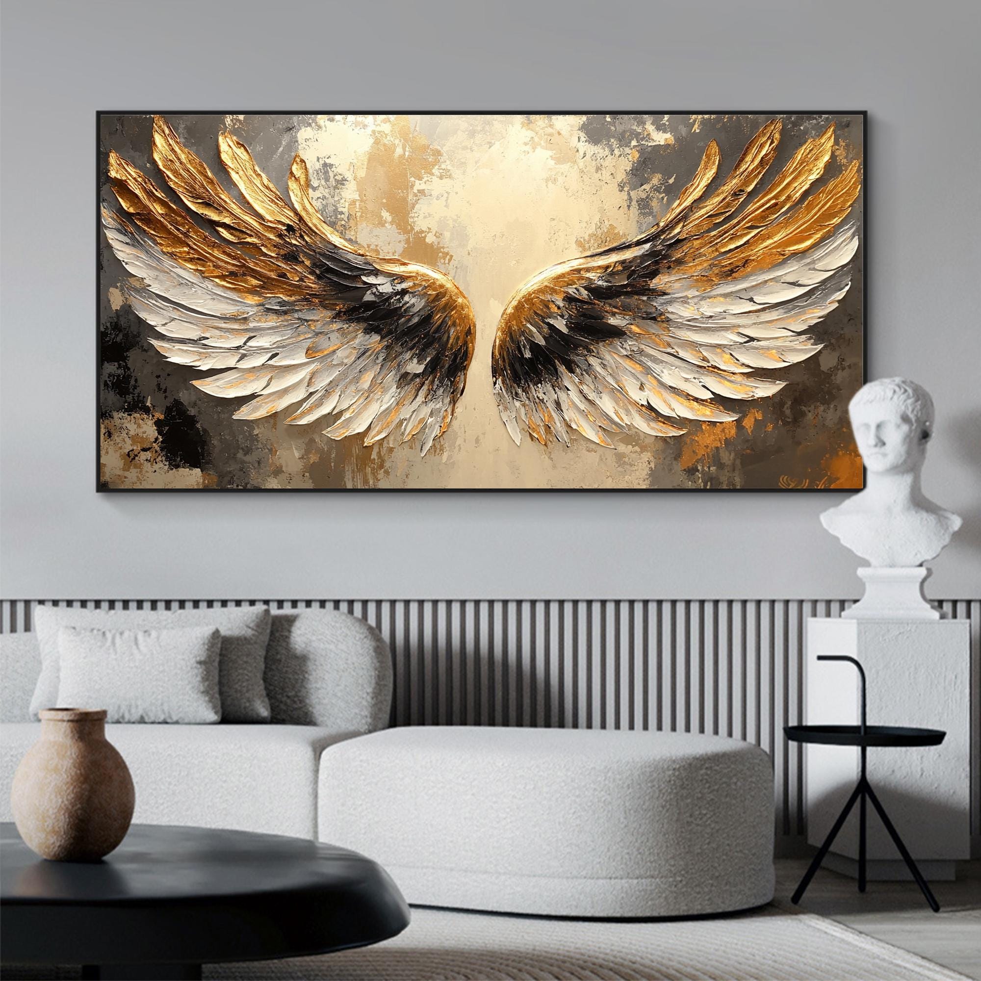 Eternal Wings – Large Textured Gold and White Angel Wing Canvas Wall Art