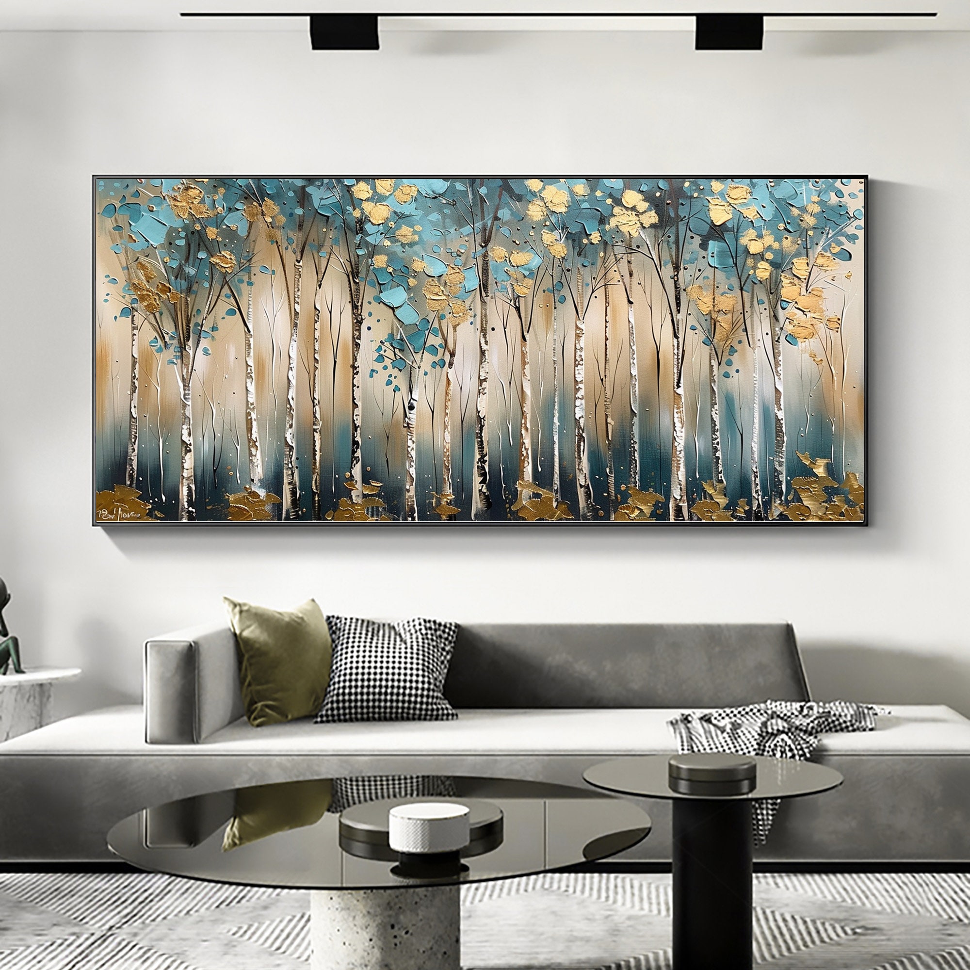 Golden Forest – 3D Textured Tree Wall Art in Teal and Gold Tones for Modern Living Room Décor