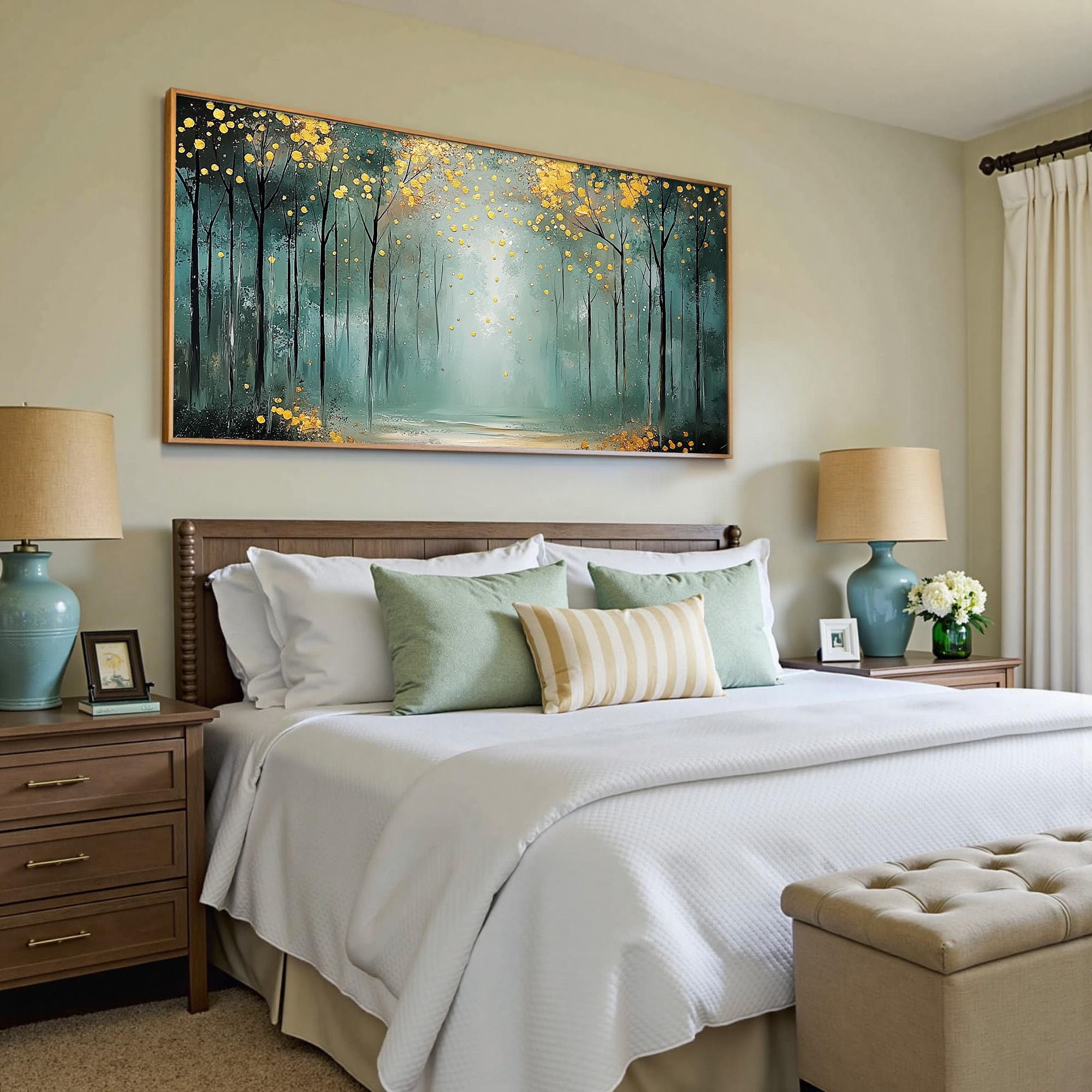 Golden Glow Forest – Abstract Tree Wall Art with Teal and Yellow Accents for Bedroom or Living Room