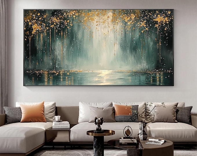 Golden Reflections – 3D Textured Forest and Lake Wall Art in Teal and Gold for Living Room Décor