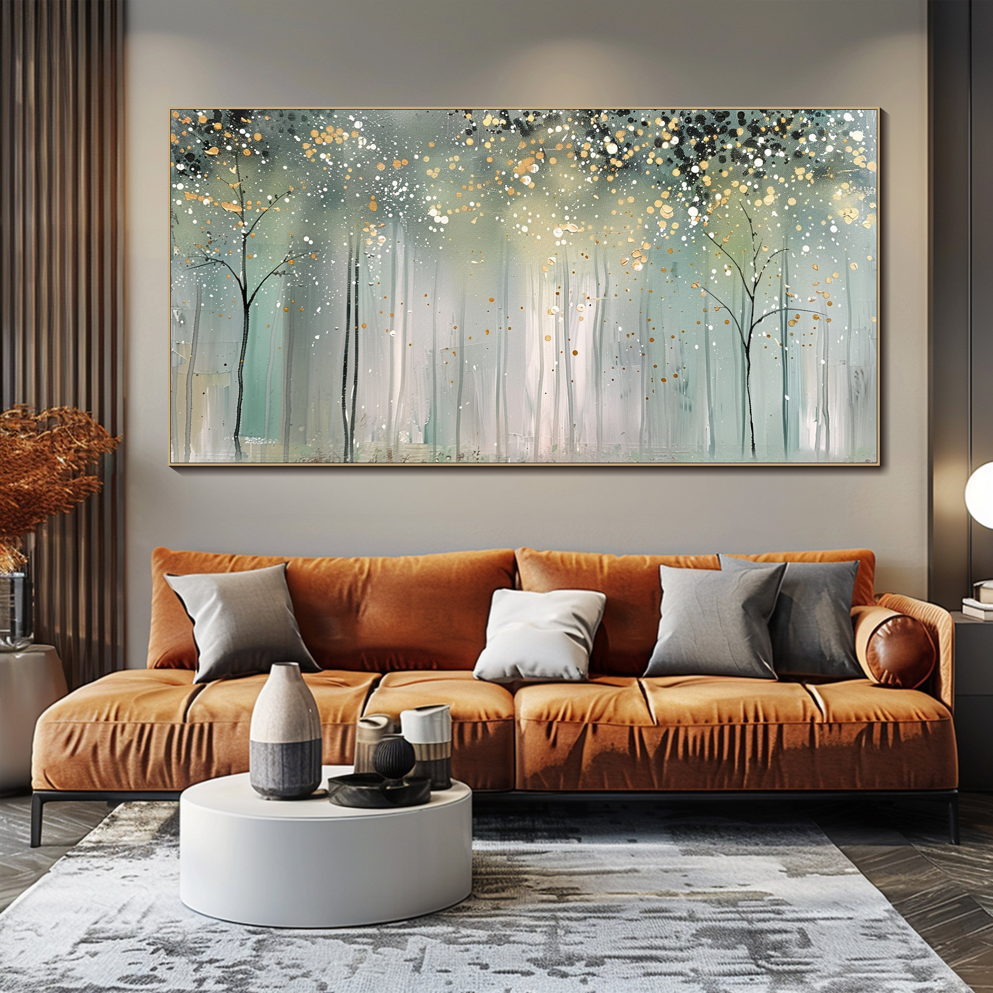 Dreamlight Forest – Abstract Tree Wall Art in Soft Teal, Cream and Gold Tones for Modern Living Room