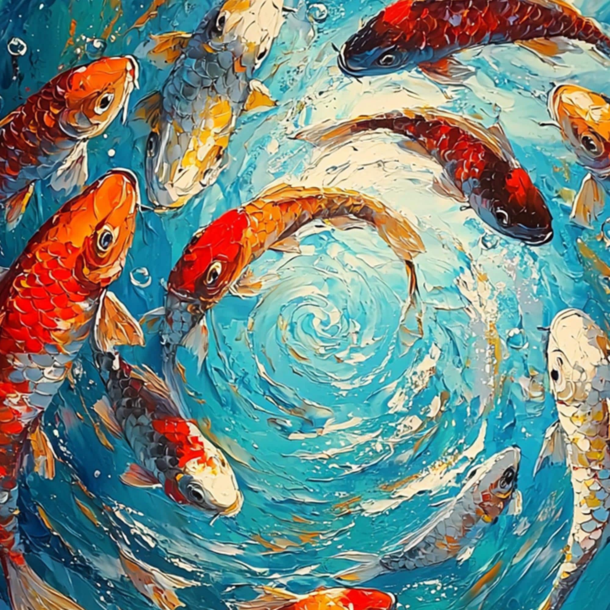 Whirlpool of Koi – 3D Textured Fish Oil Painting for Living Room or Office Decor