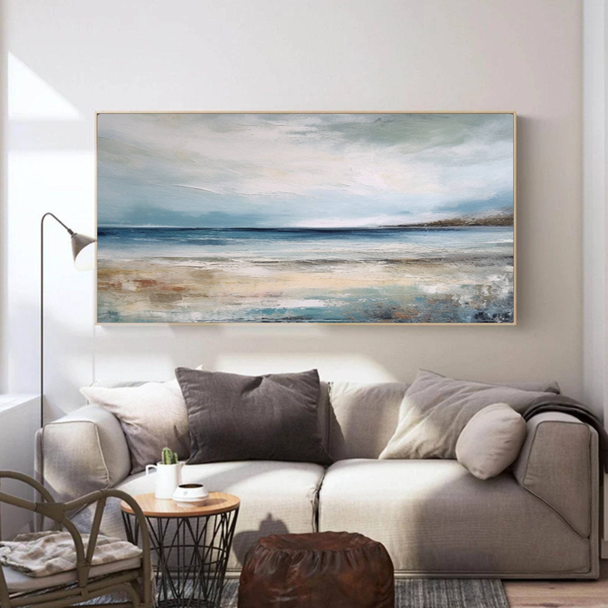 Calm Horizon - Large Coastal Seascape Oil Painting, Modern Textured Ocean Canvas Wall Art