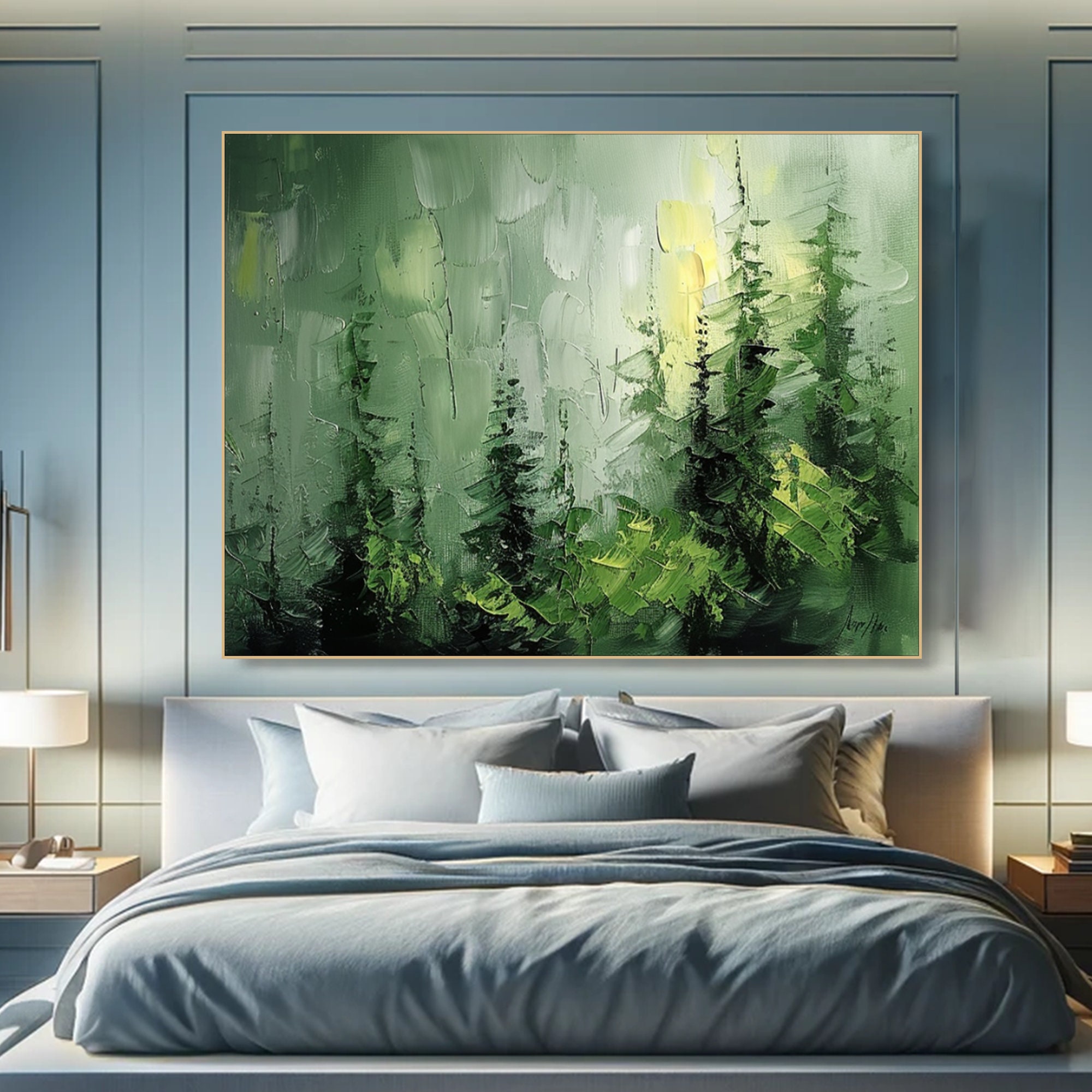 Emerald Silence - Forest Landscape Oil Painting, Large Textured Green Nature Canvas Wall Art