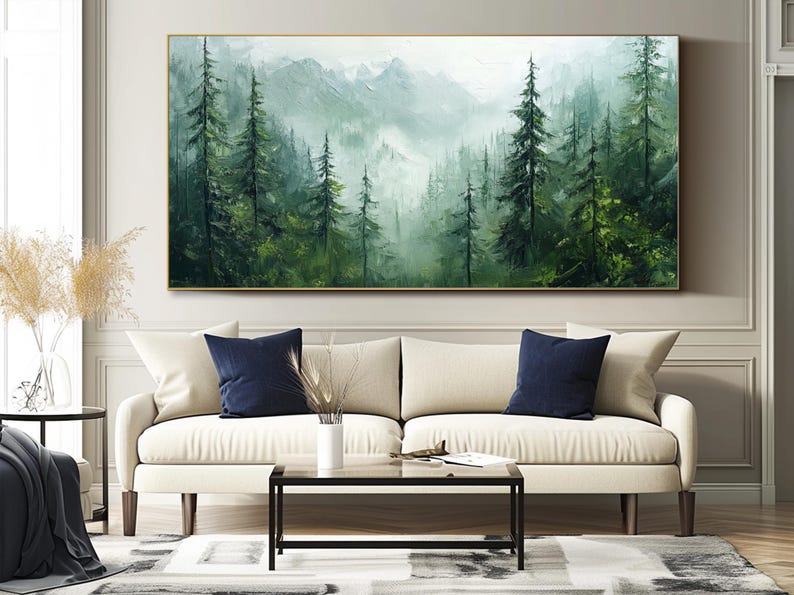 Whispering Pines - Misty Forest Oil Painting, Large Green Landscape Canvas Wall Art