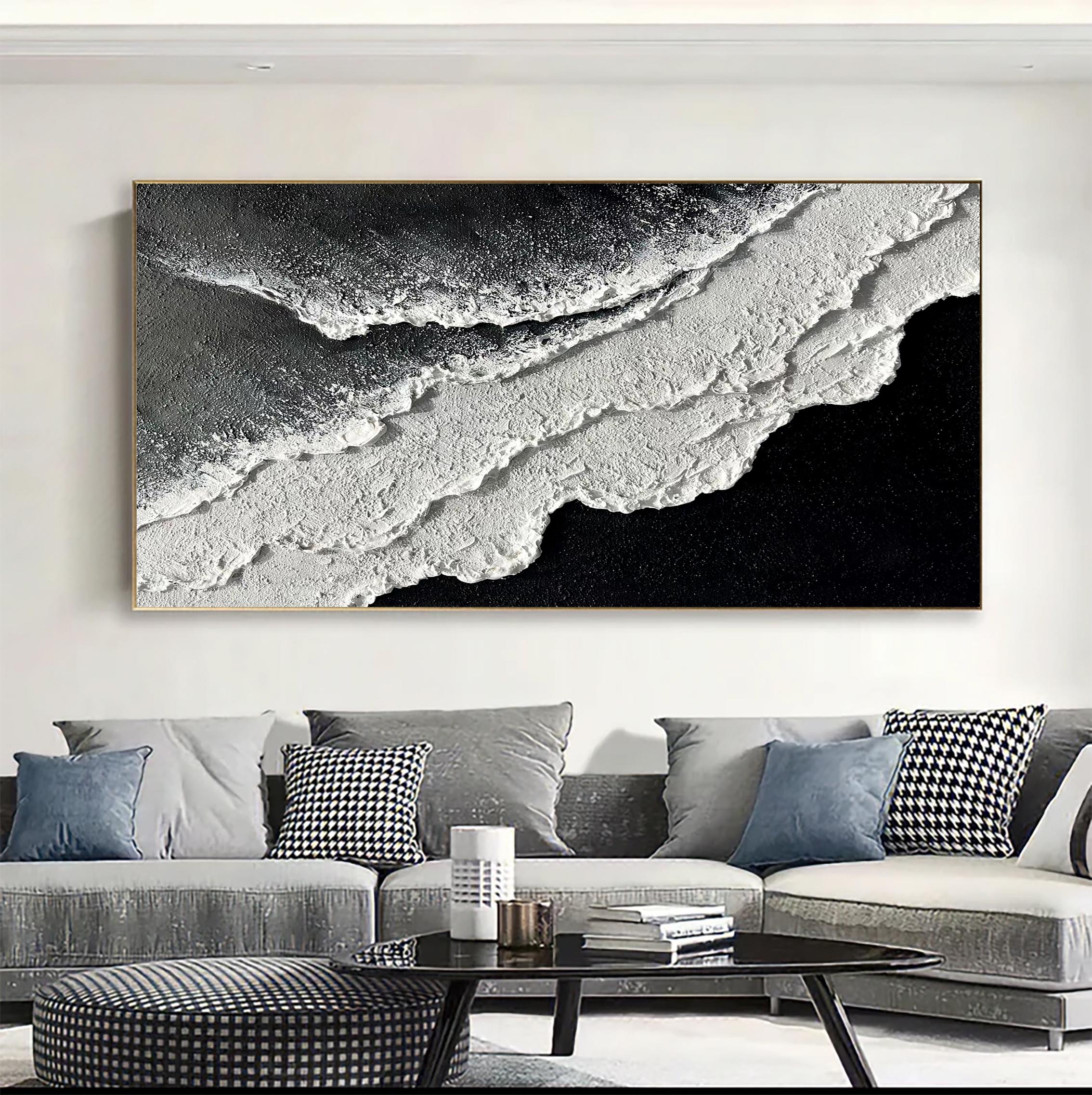 Monochrome Tide — Black and White Textured Seascape Oil Painting, Modern Abstract Wall Art