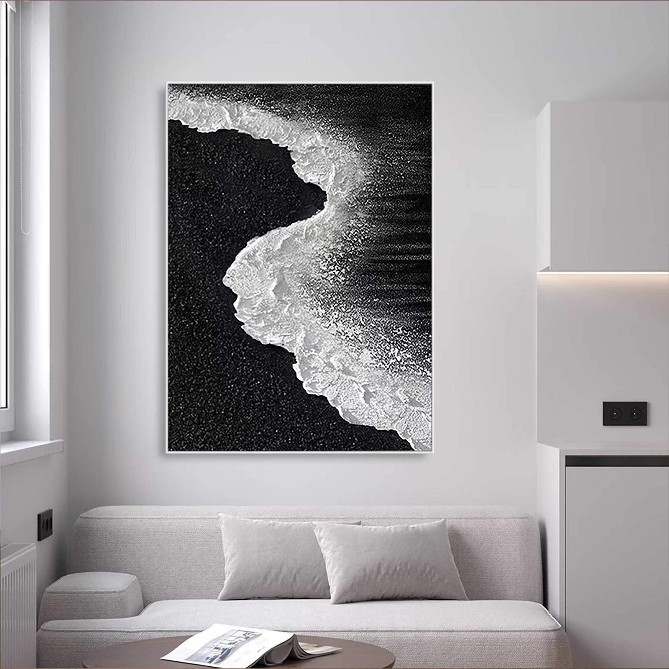 Vertical Tide — Black and White Textured Seascape Oil Painting, Abstract Coastal Wall Art
