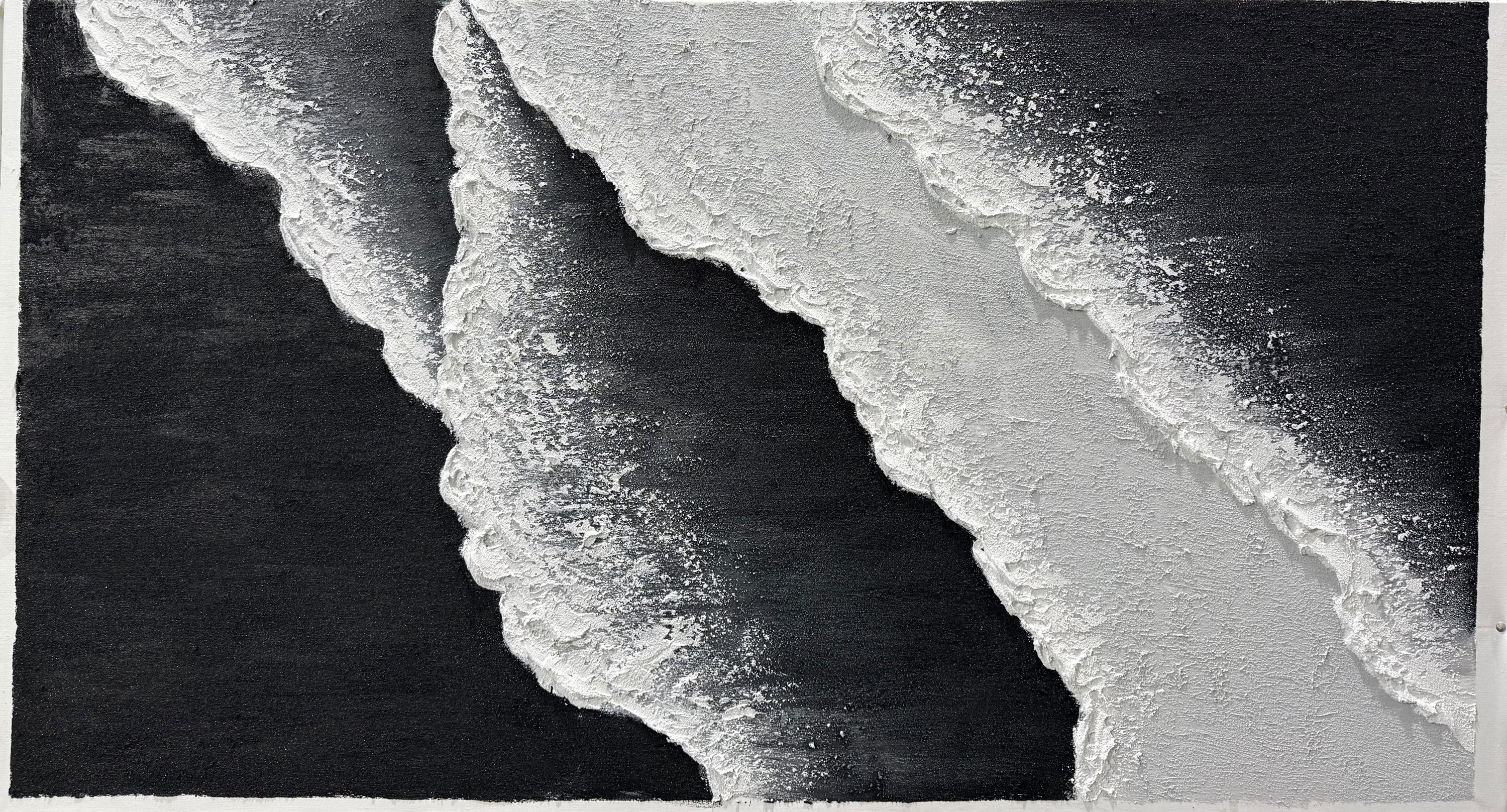 Diagonal Tide — Black and White Textured Wave Oil Painting, Abstract Coastal Wall Art