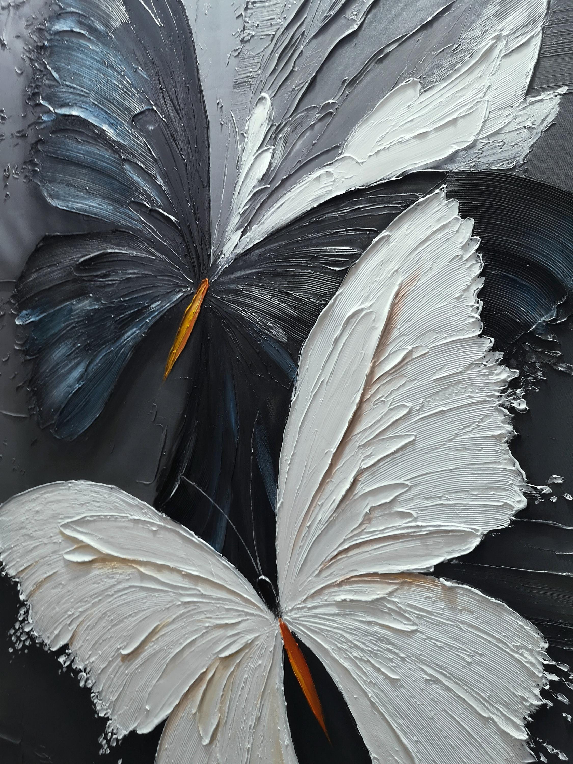 Dual Wings — Black and White Textured Butterfly Abstract Oil Painting, Modern Wall Art