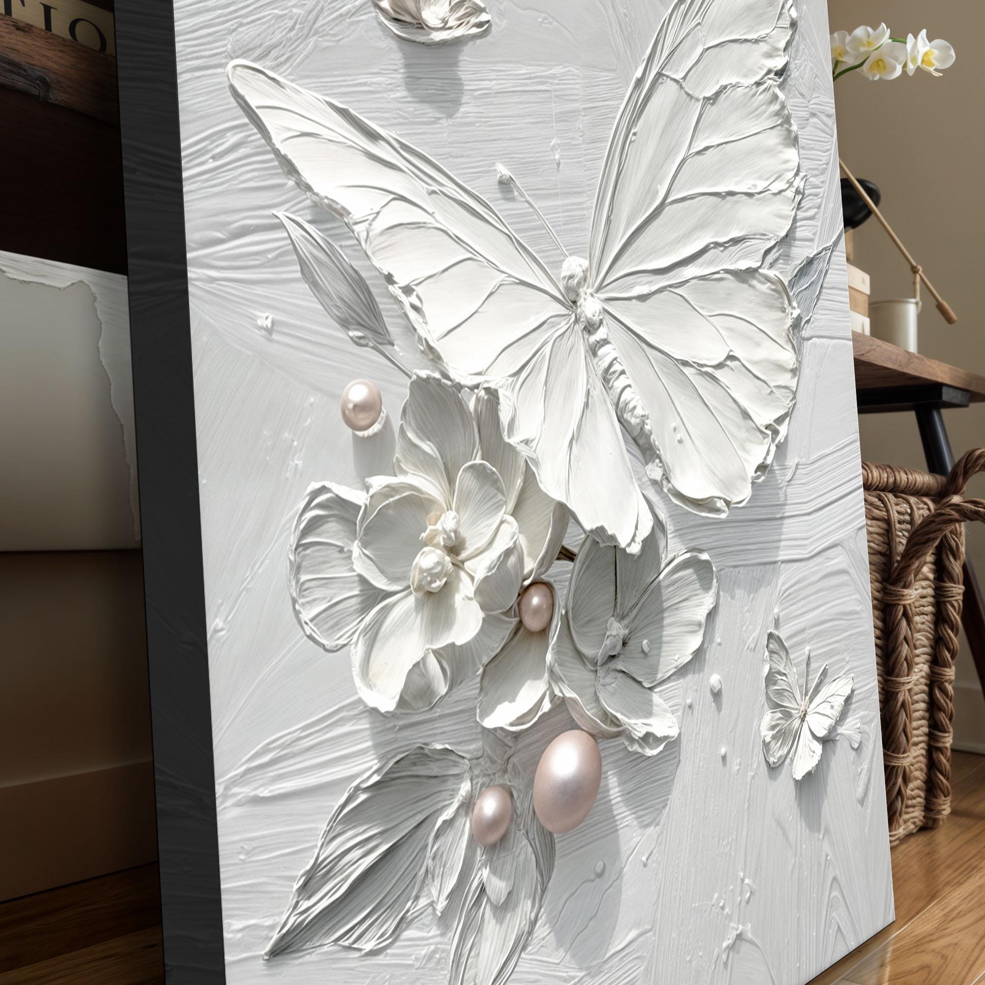 Pearl Wings — White Textured Butterfly and Floral 3D Oil Painting, Modern Luxury Wall Art