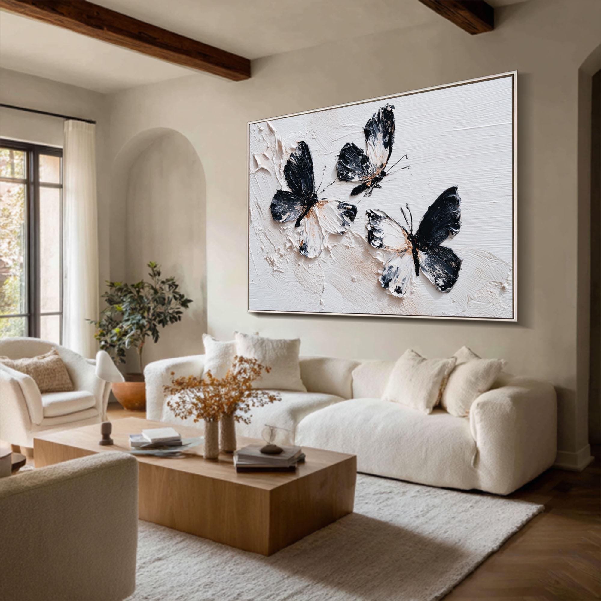 Flutter Trio — Black and White Textured Butterfly Oil Painting, Minimalist Modern Wall Art