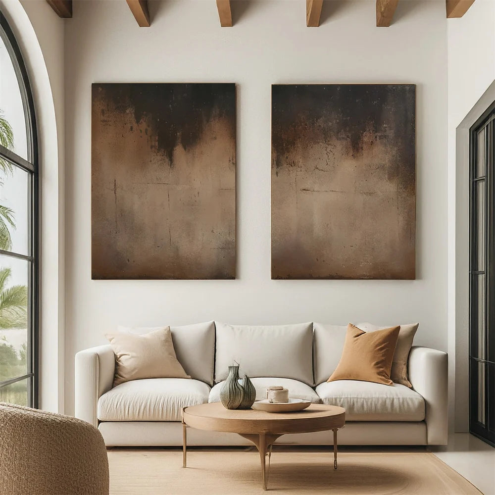 Wabi-Sabi Balance — Minimalist Abstract Textured Oil Painting Set of 2, Neutral Modern Diptych Wall Art