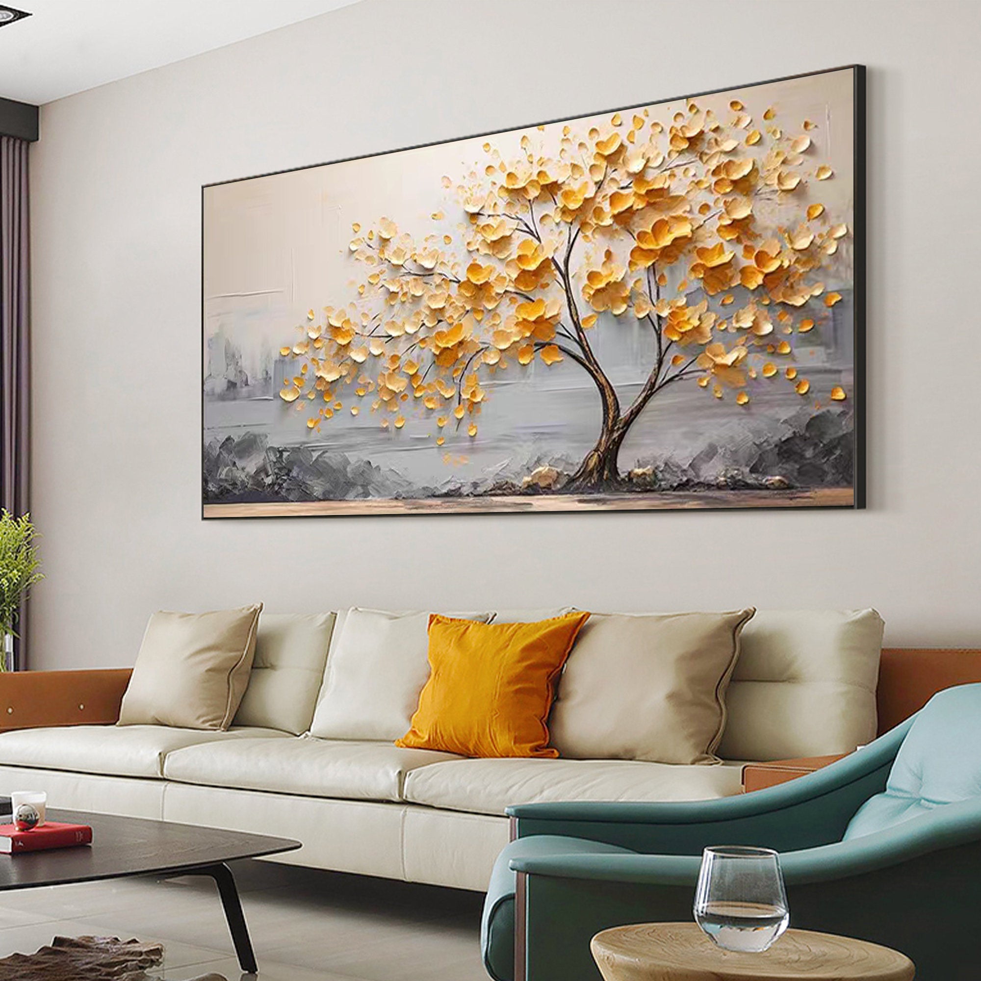 Golden Whisper – Textured Ginkgo Tree Oil Painting