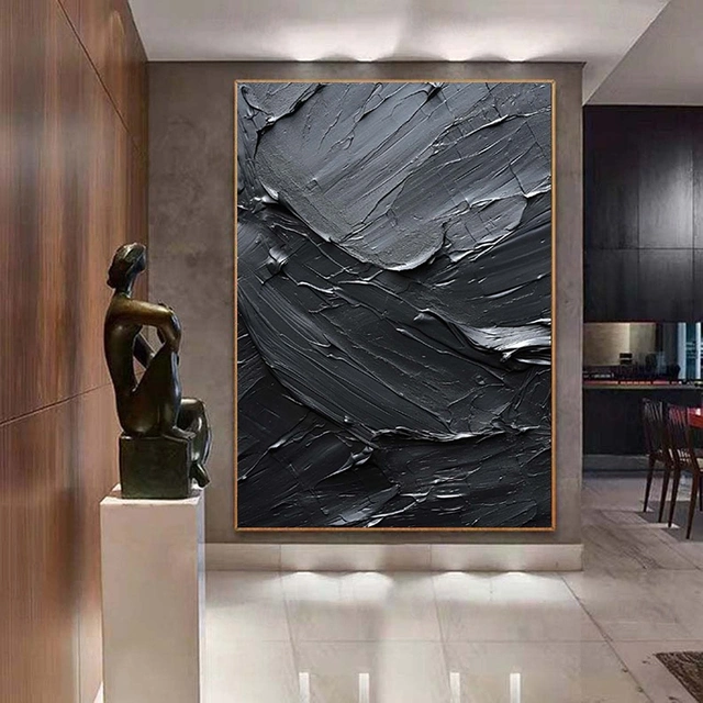 Obsidian Waves – Textured Black Abstract Oil Painting