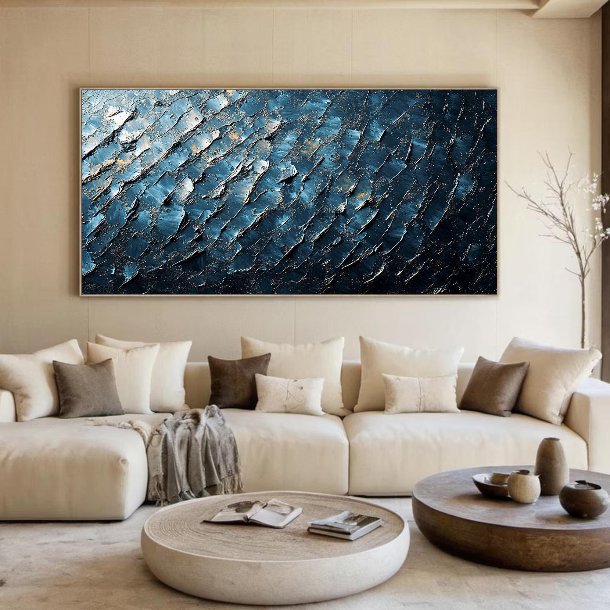 Midnight Tide – Textured Blue and Gold Abstract Oil Painting