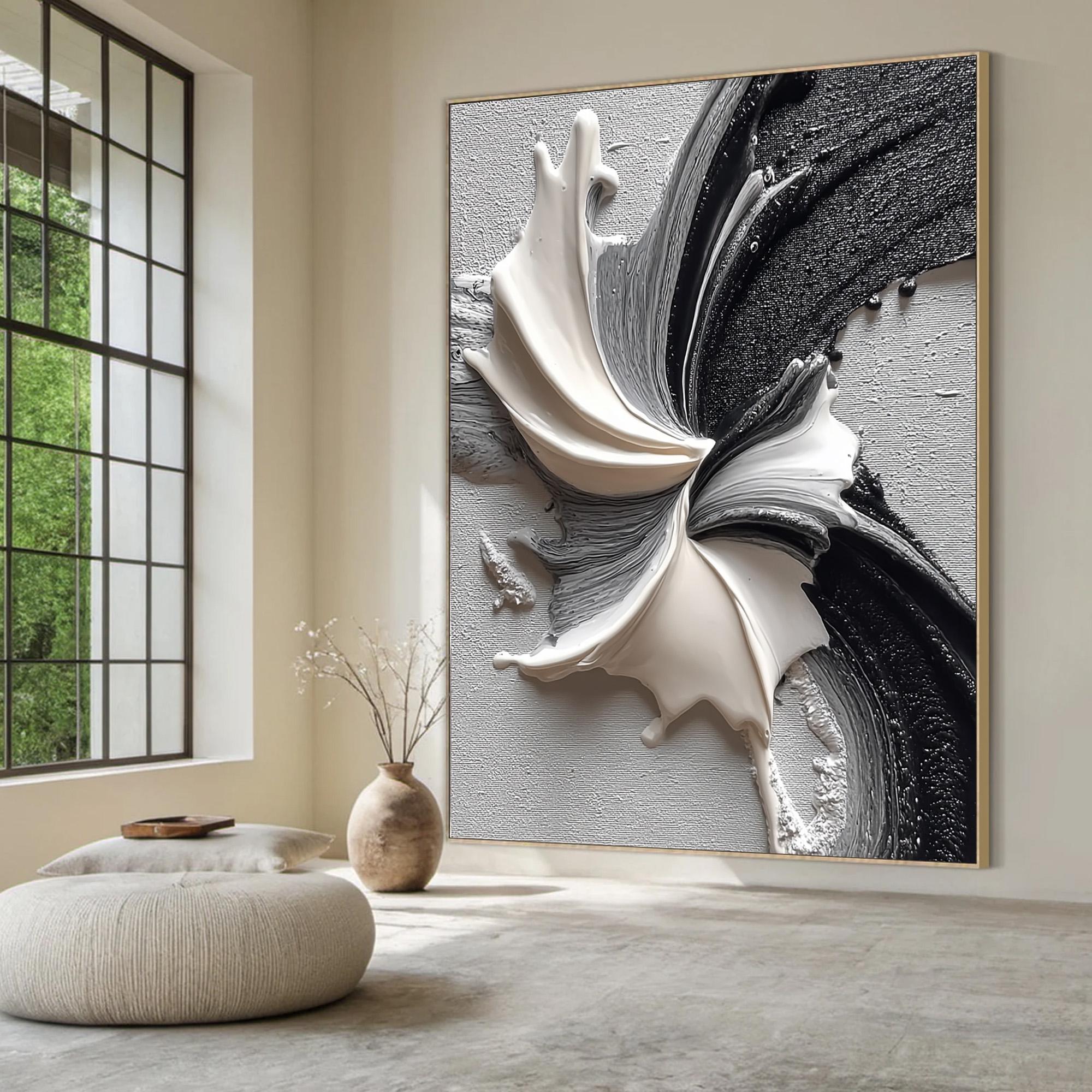 Ethereal Bloom – Black and White Textured Abstract Oil Painting