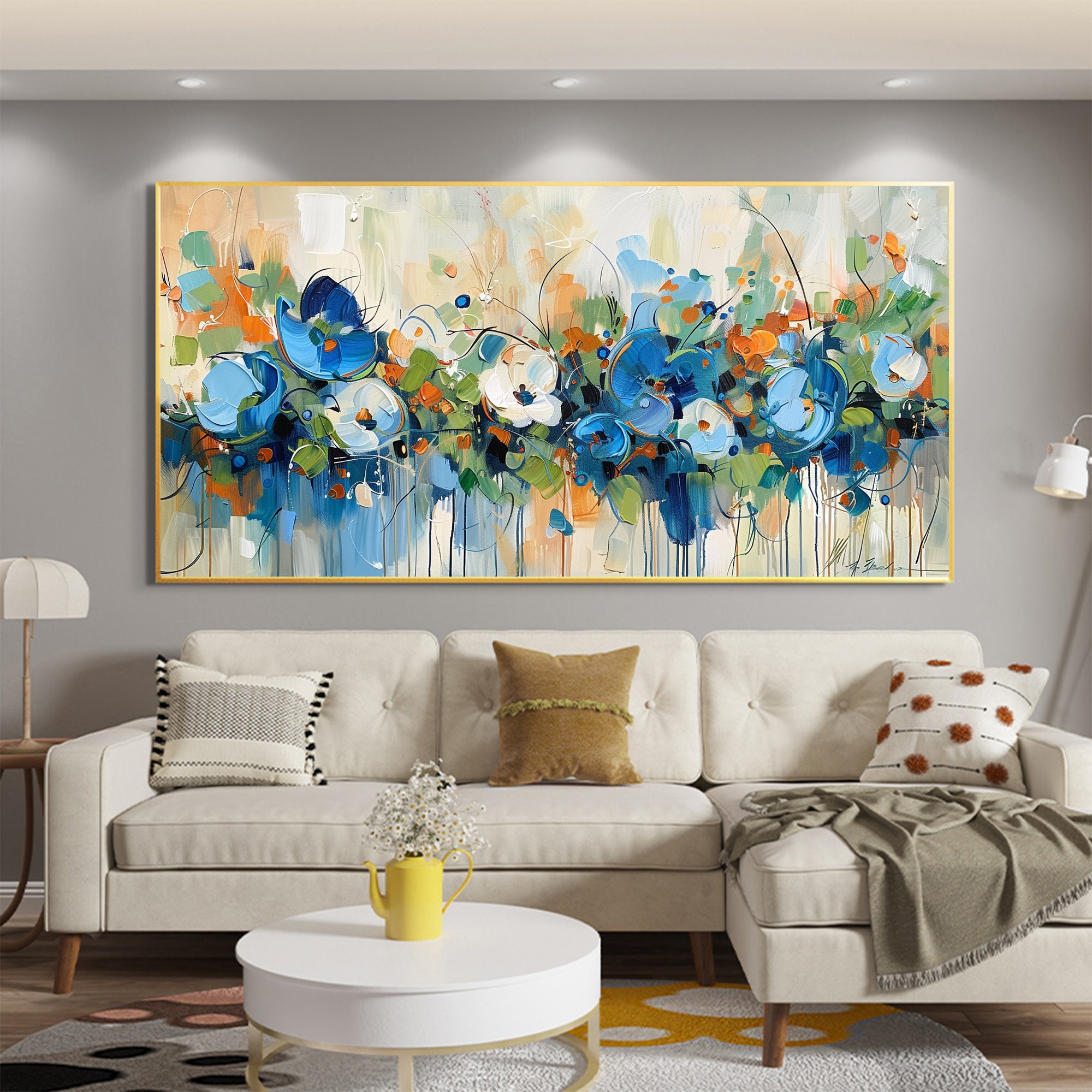 Blooming Riot - Colorful Abstract Floral Painting Blue Green Orange Wall Art on Canvas
