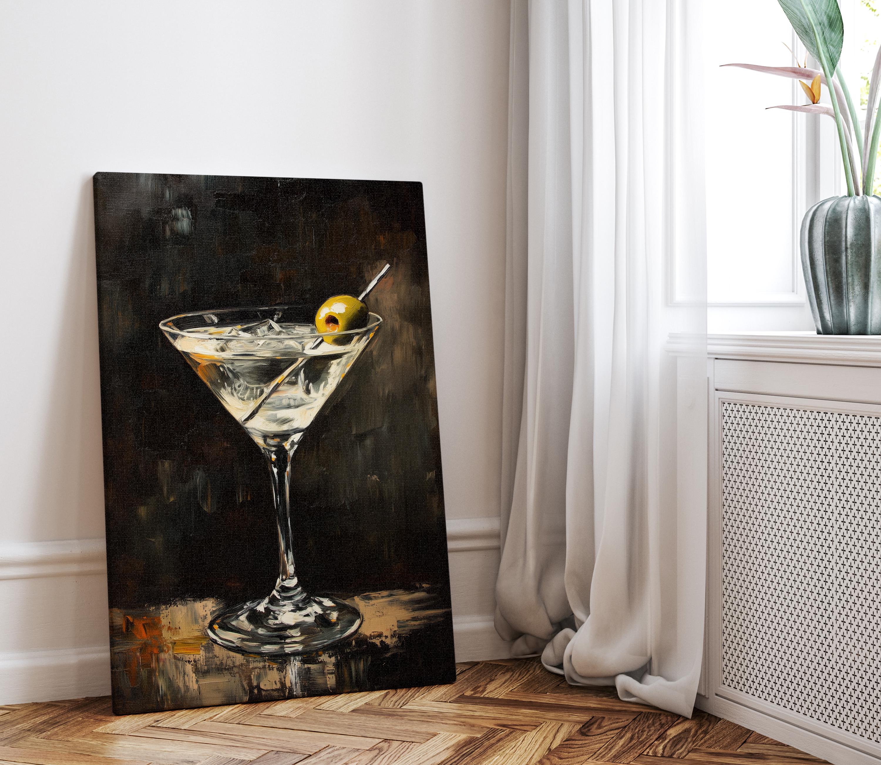 Olive Twist - Martini Glass Oil Painting Modern Bar Wall Art with Olive Detail