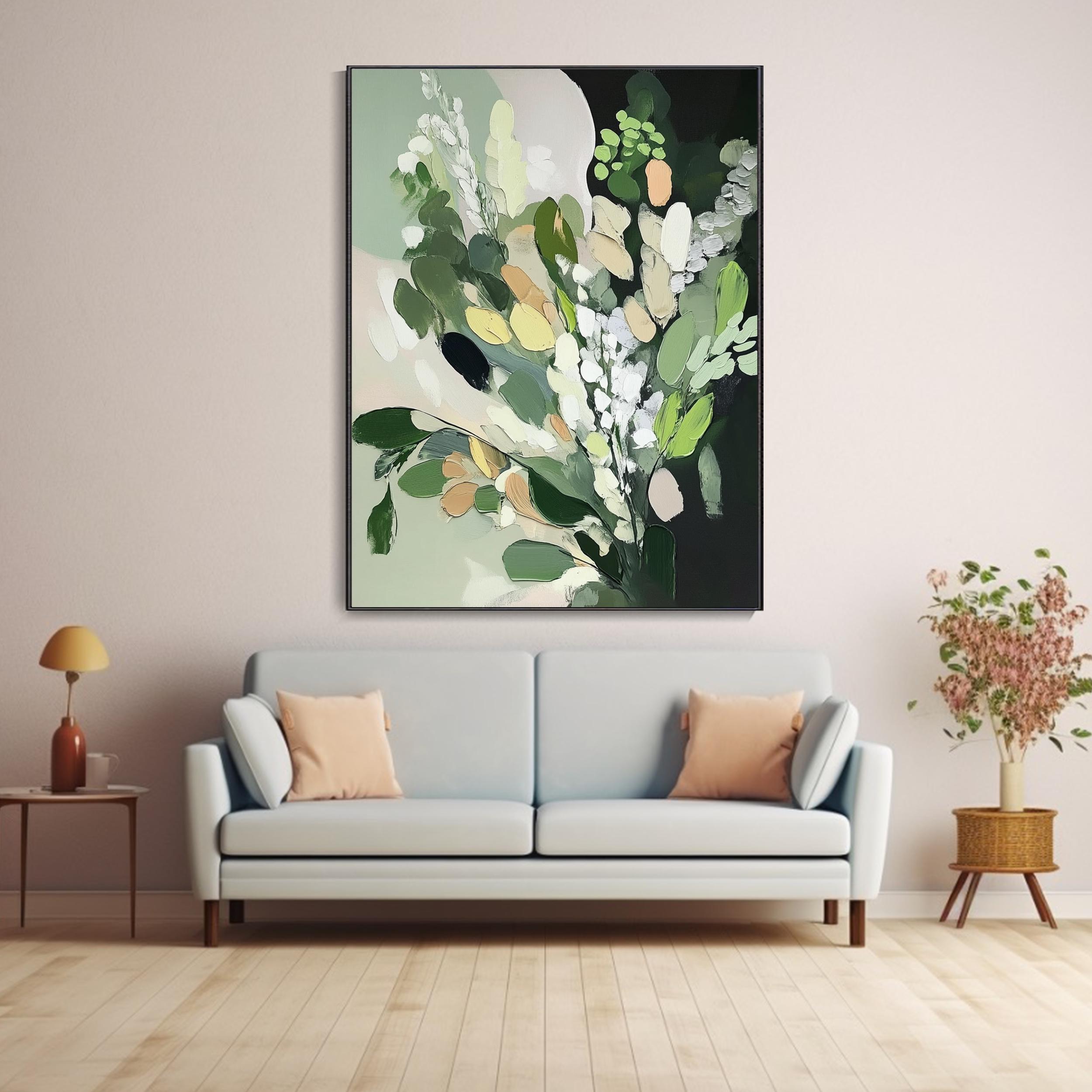 Verdant Whisper - Modern Textured Abstract Botanical Canvas Art Green Floral Painting