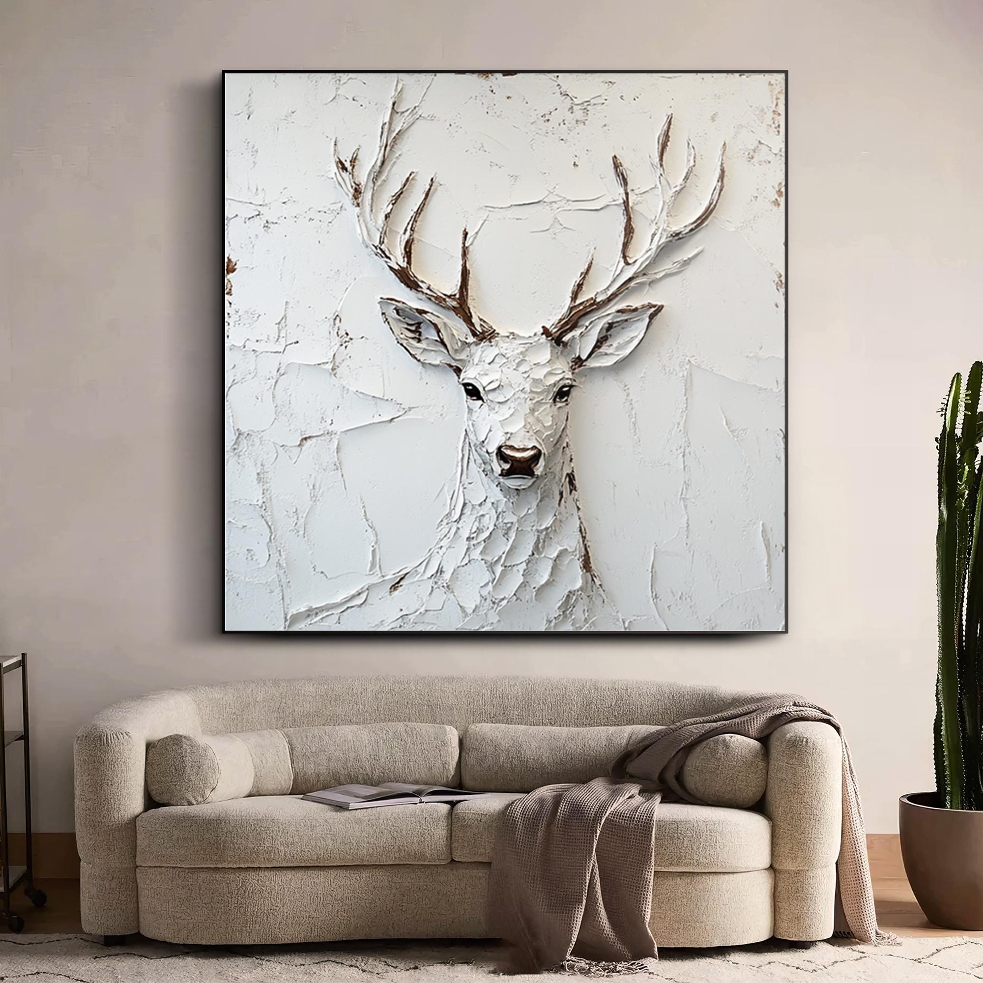 Silent Majesty – Textured White Stag Canvas Wall Art