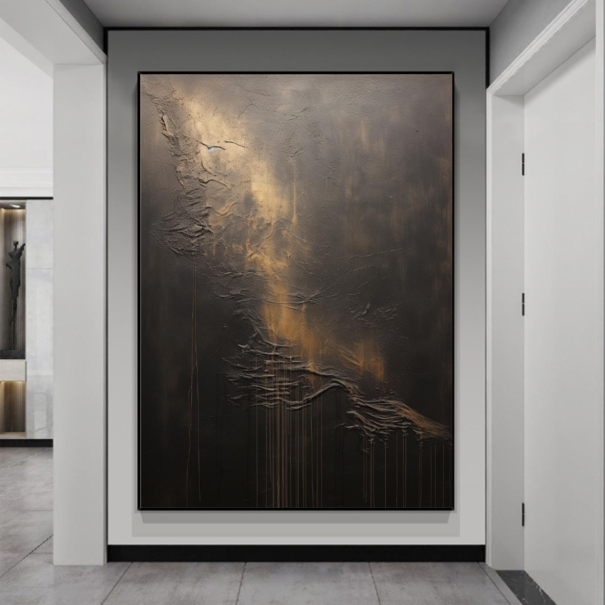 Echo of Shadows – Black and Gold Textured Abstract Canvas