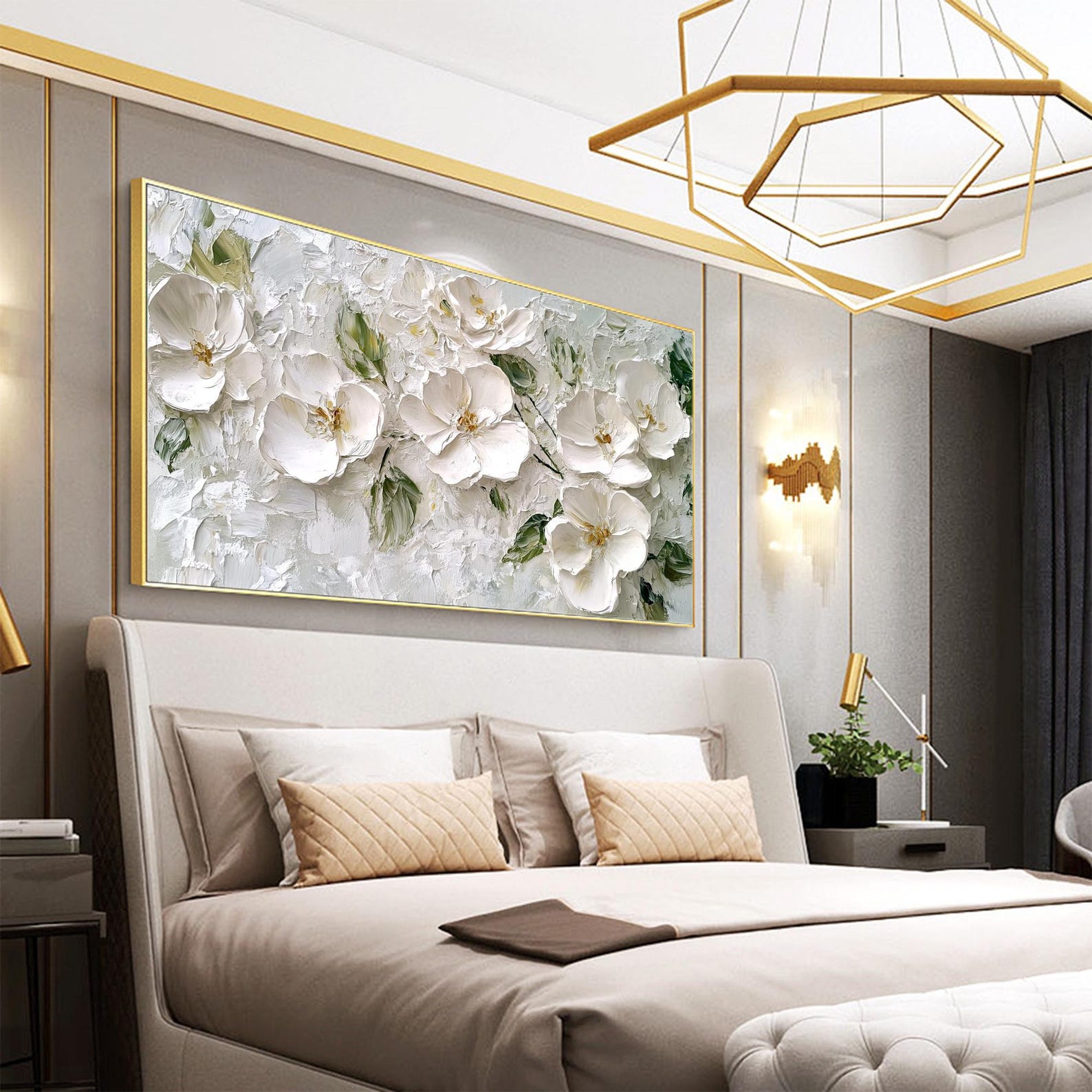 Textured White Floral Oil Painting - 3D Flower Wall Art for Dining Room