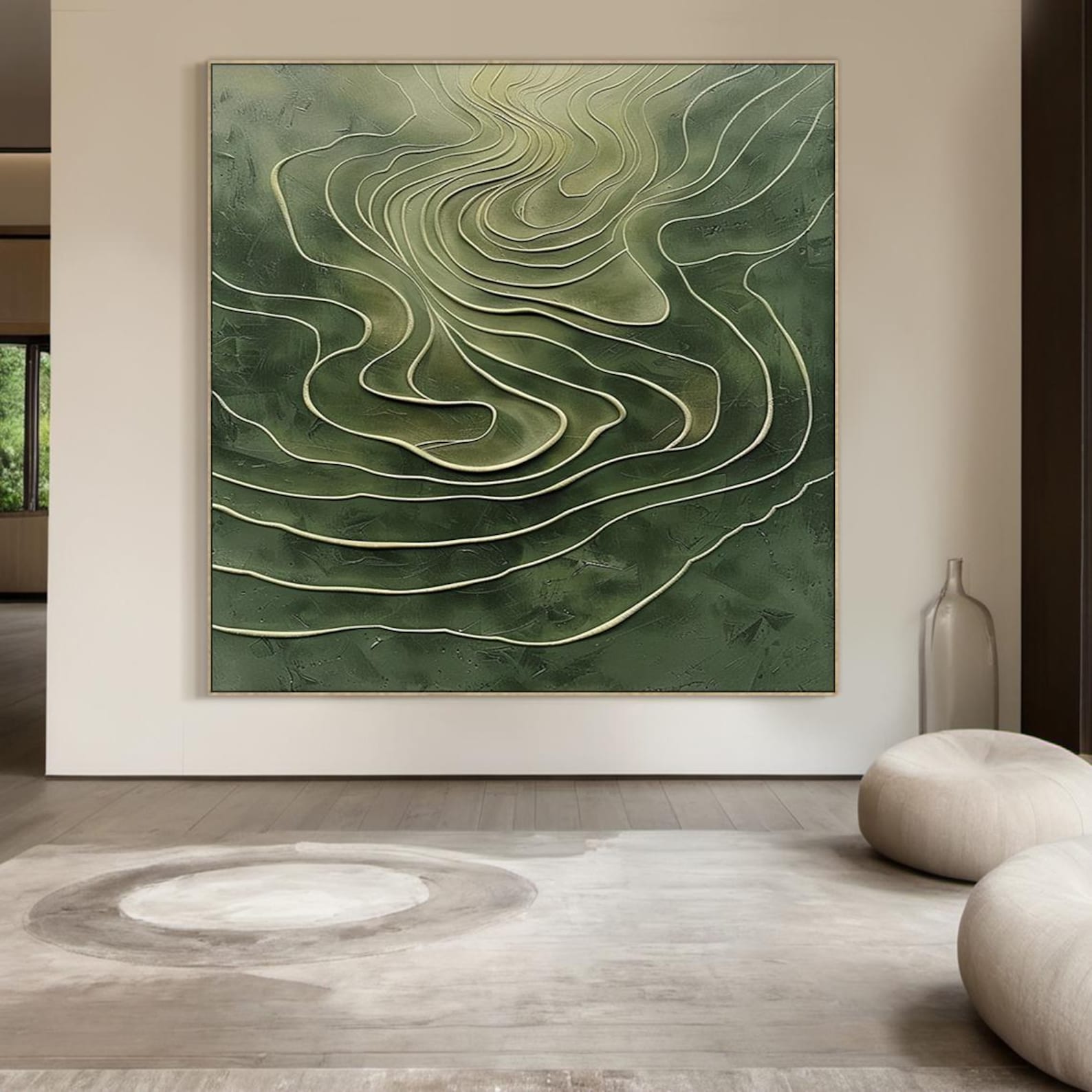 Terrace Flow - Large Green Textured Abstract Wall Art | Modern 3D Canvas for Living Room Decor